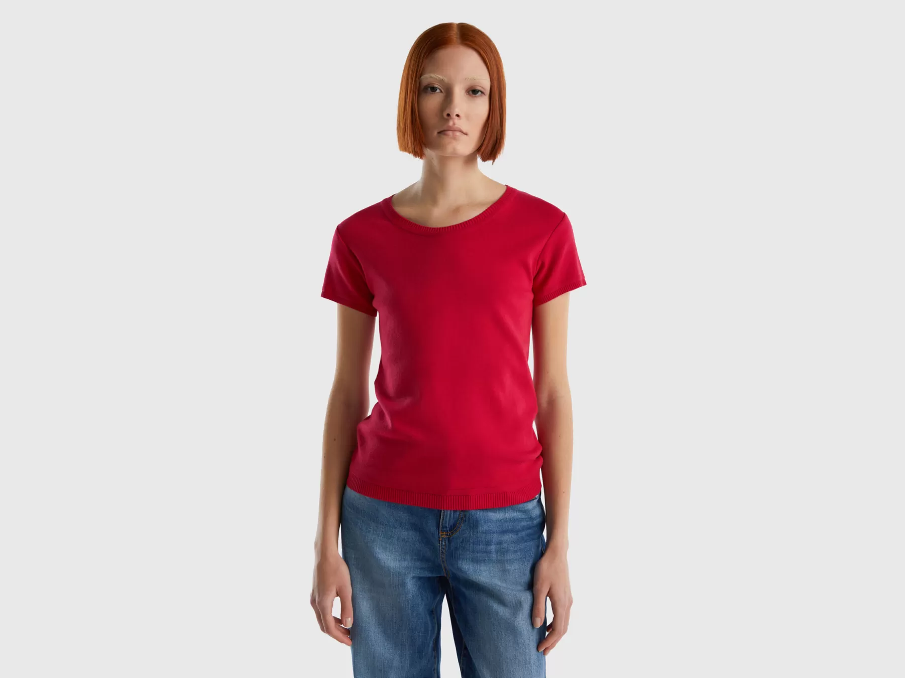 Benetton Maglia A Manica Corta In 100% Cotone Fucsia Discount