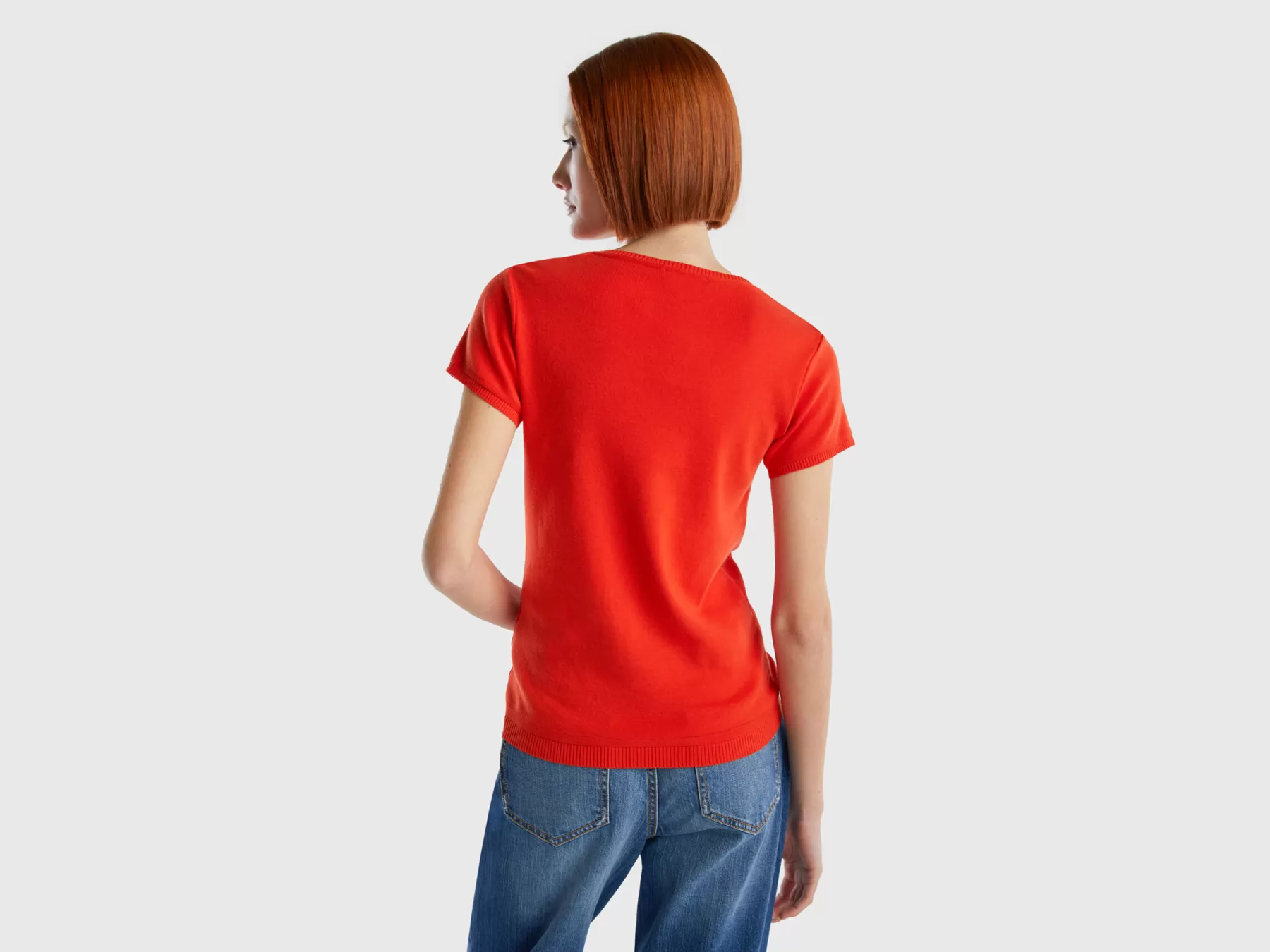 Benetton Maglia A Manica Corta In 100% Cotone Rosso Hot