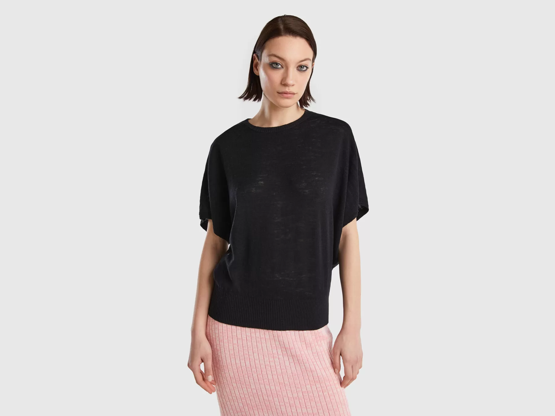 Benetton Maglia A Manica Corta In Misto Lino Nero Fashion