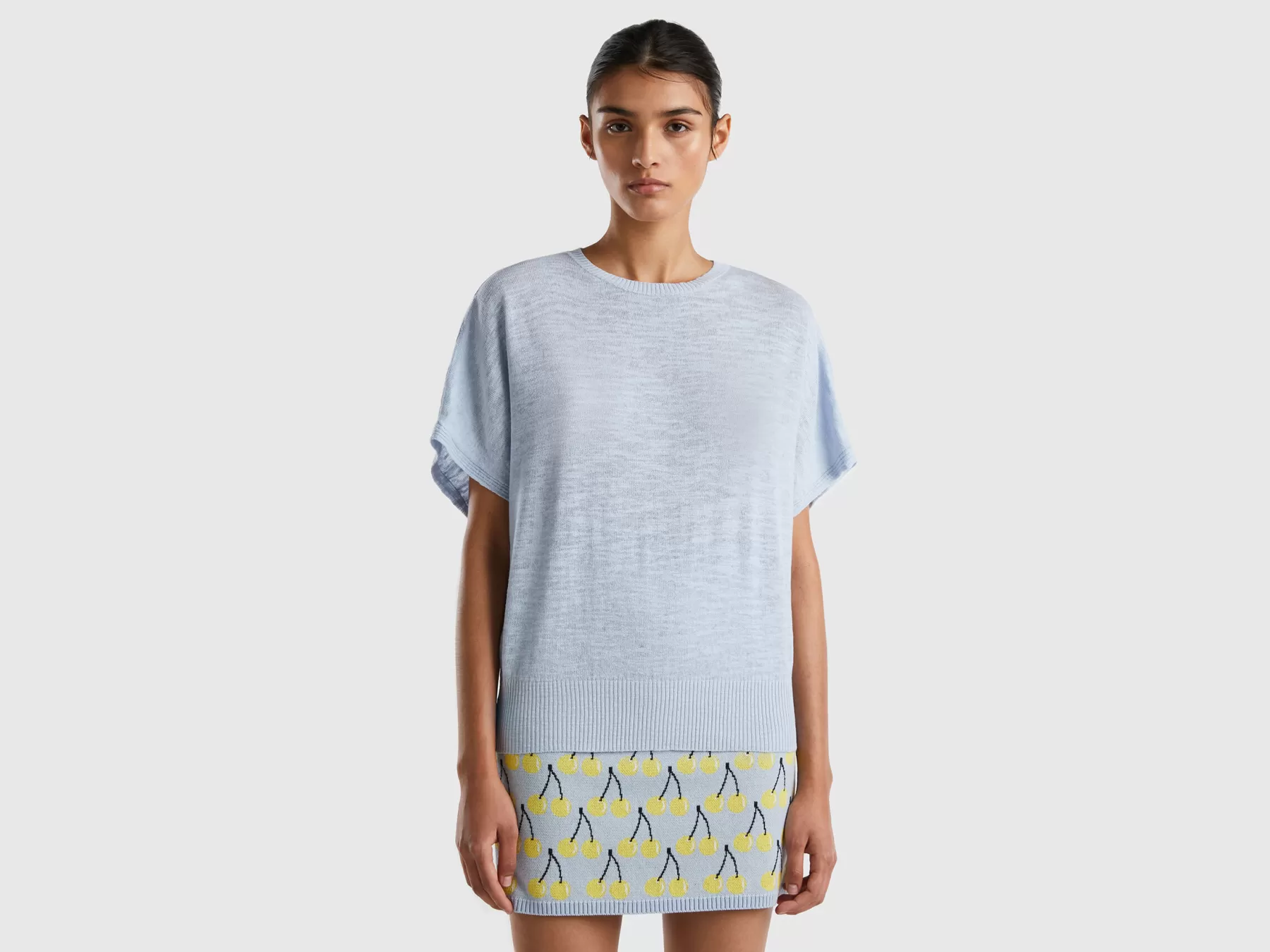 Benetton Maglia A Manica Corta In Misto Lino Celeste Cheap