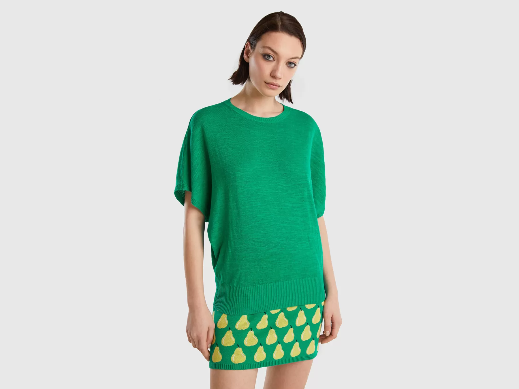 Benetton Maglia A Manica Corta In Misto Lino Verde Hot