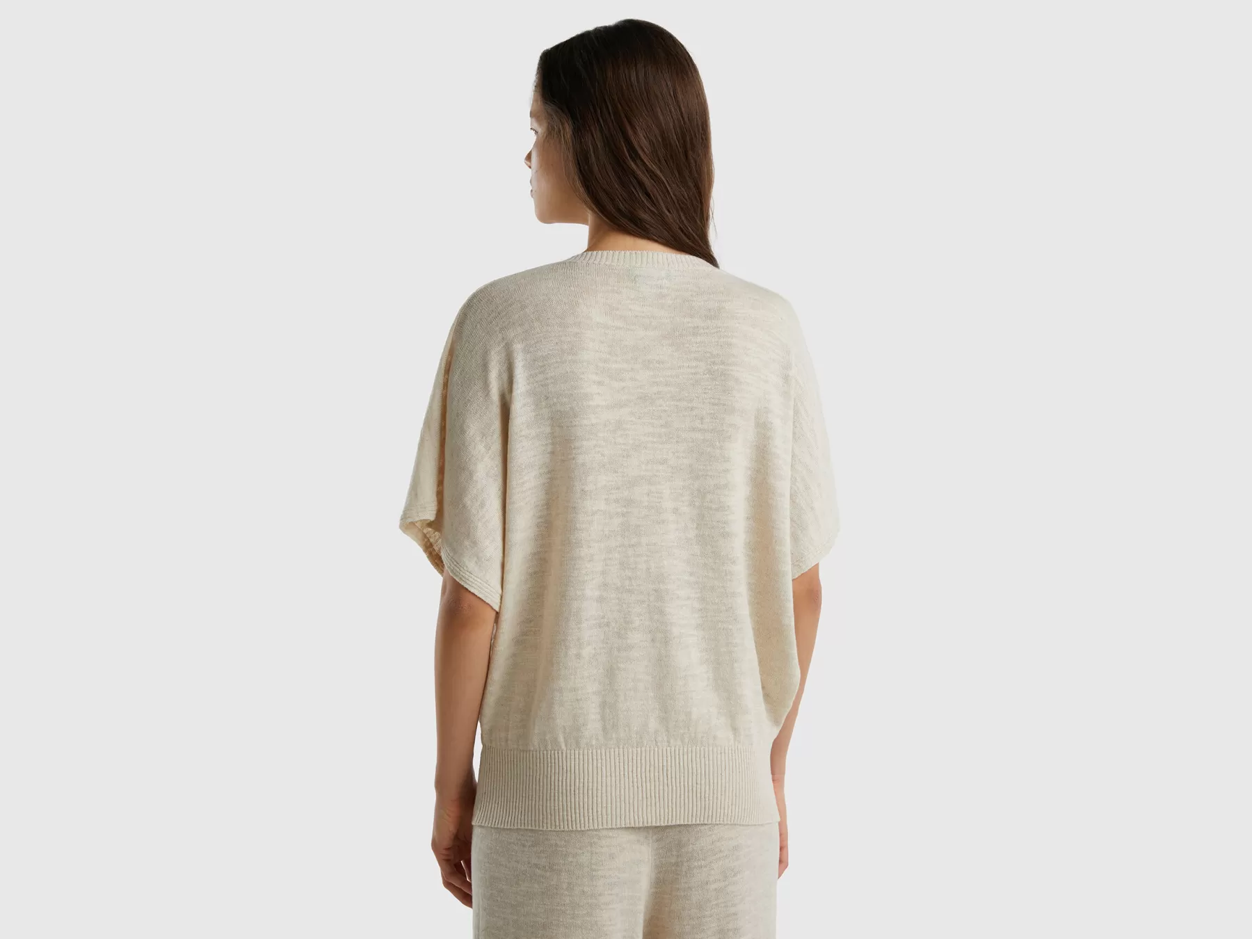 Benetton Maglia A Manica Corta In Misto Lino Bianco Panna Outlet
