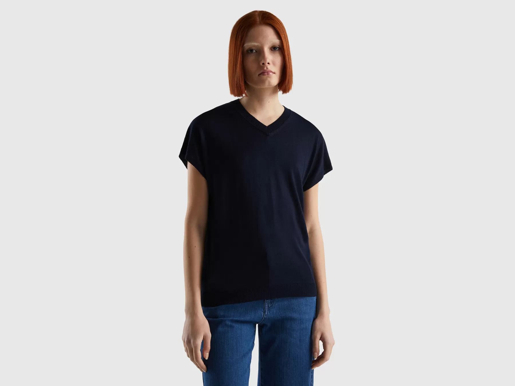 Benetton Maglia A Manica Corta In Misto Viscosa Blu Scuro Cheap