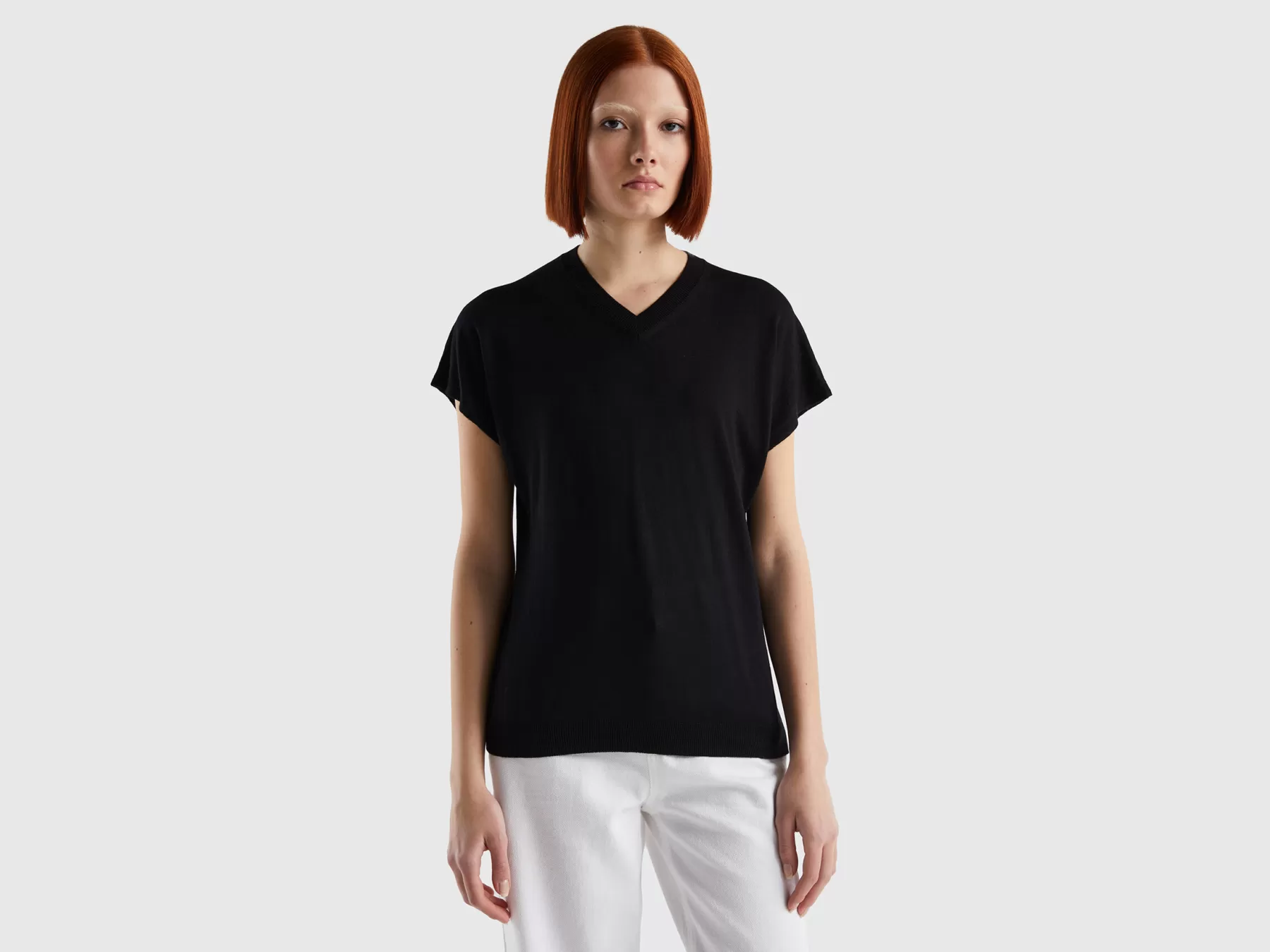 Benetton Maglia A Manica Corta In Misto Viscosa Nero Sale
