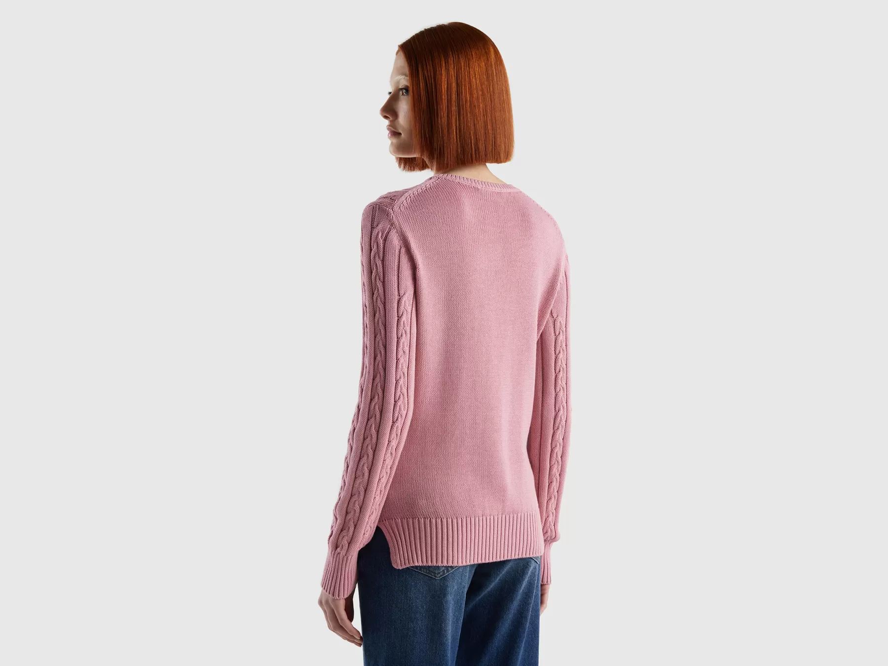 Benetton Maglia A Trecce 100% Cotone Rosa Hot