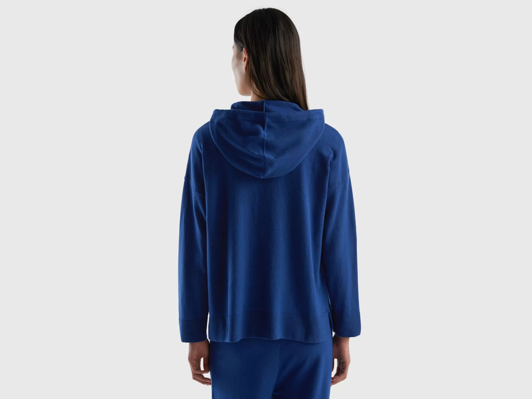 Benetton Maglia Blu Notte Con Cappuccio In Misto Cashmere Blu Scuro New