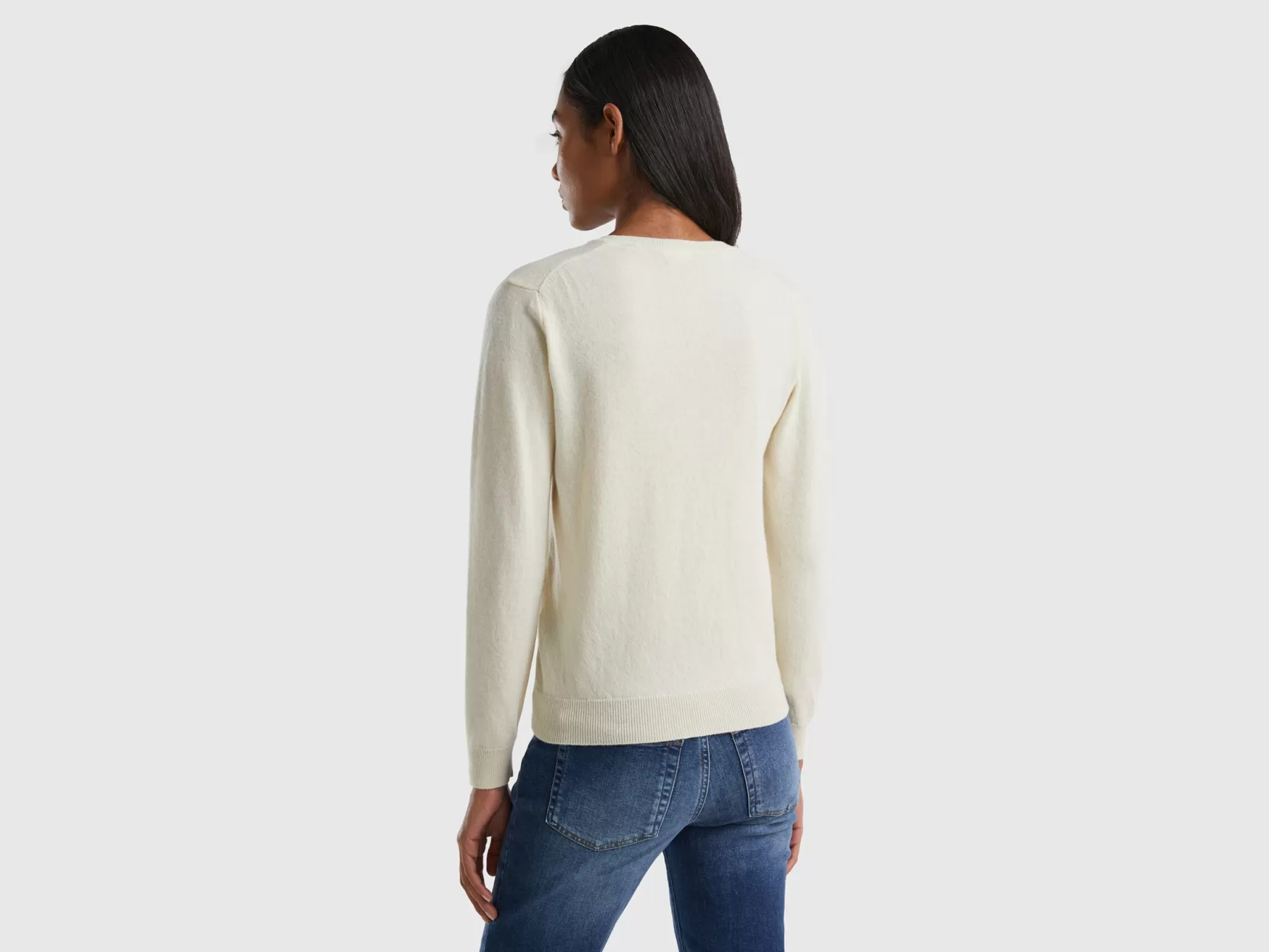 Benetton Maglia Con Scollo A V Panna In Pura Lana Merino Bianco Panna Cheap