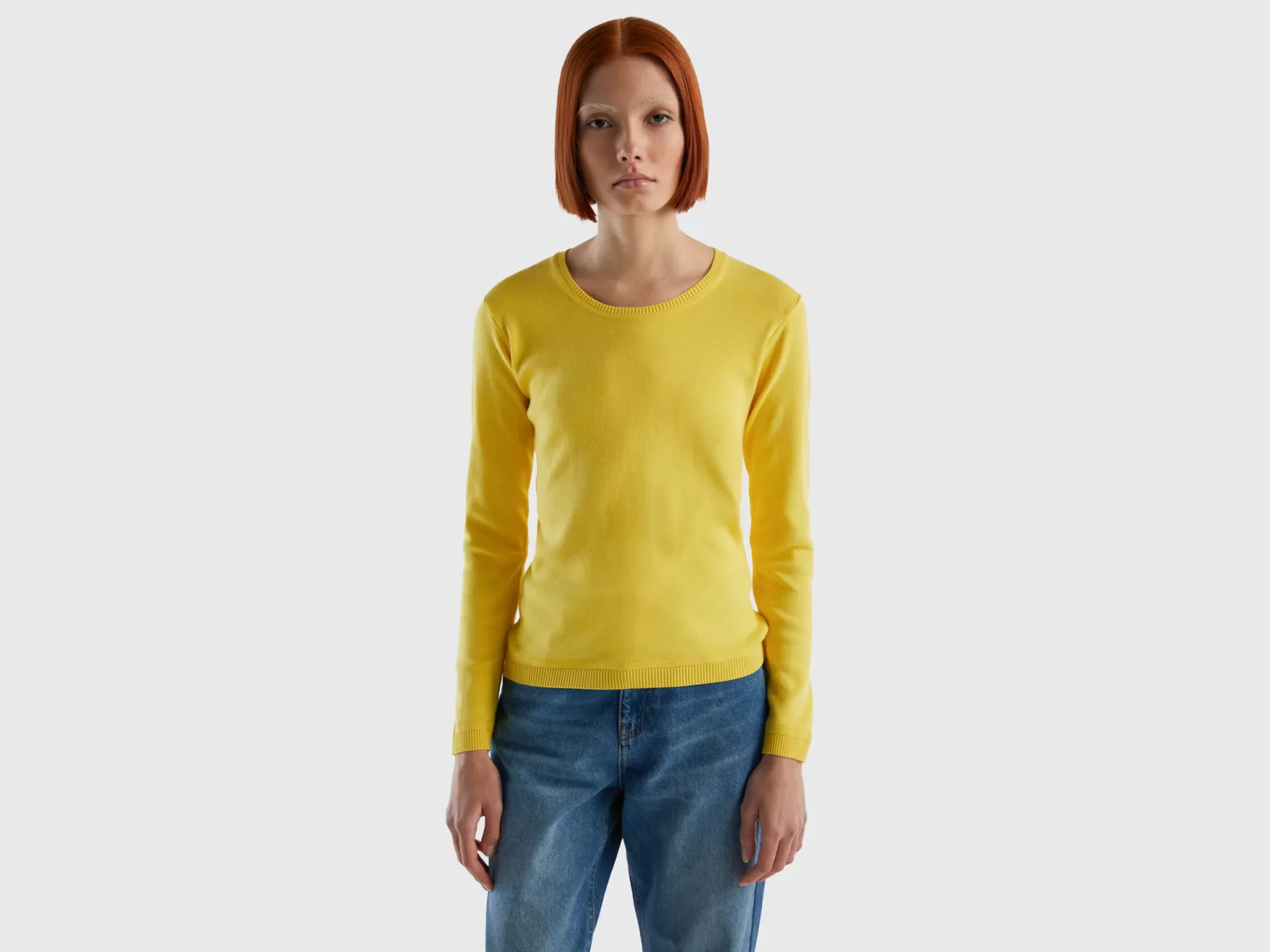 Benetton Maglia Girocollo In Puro Cotone Giallo Cheap