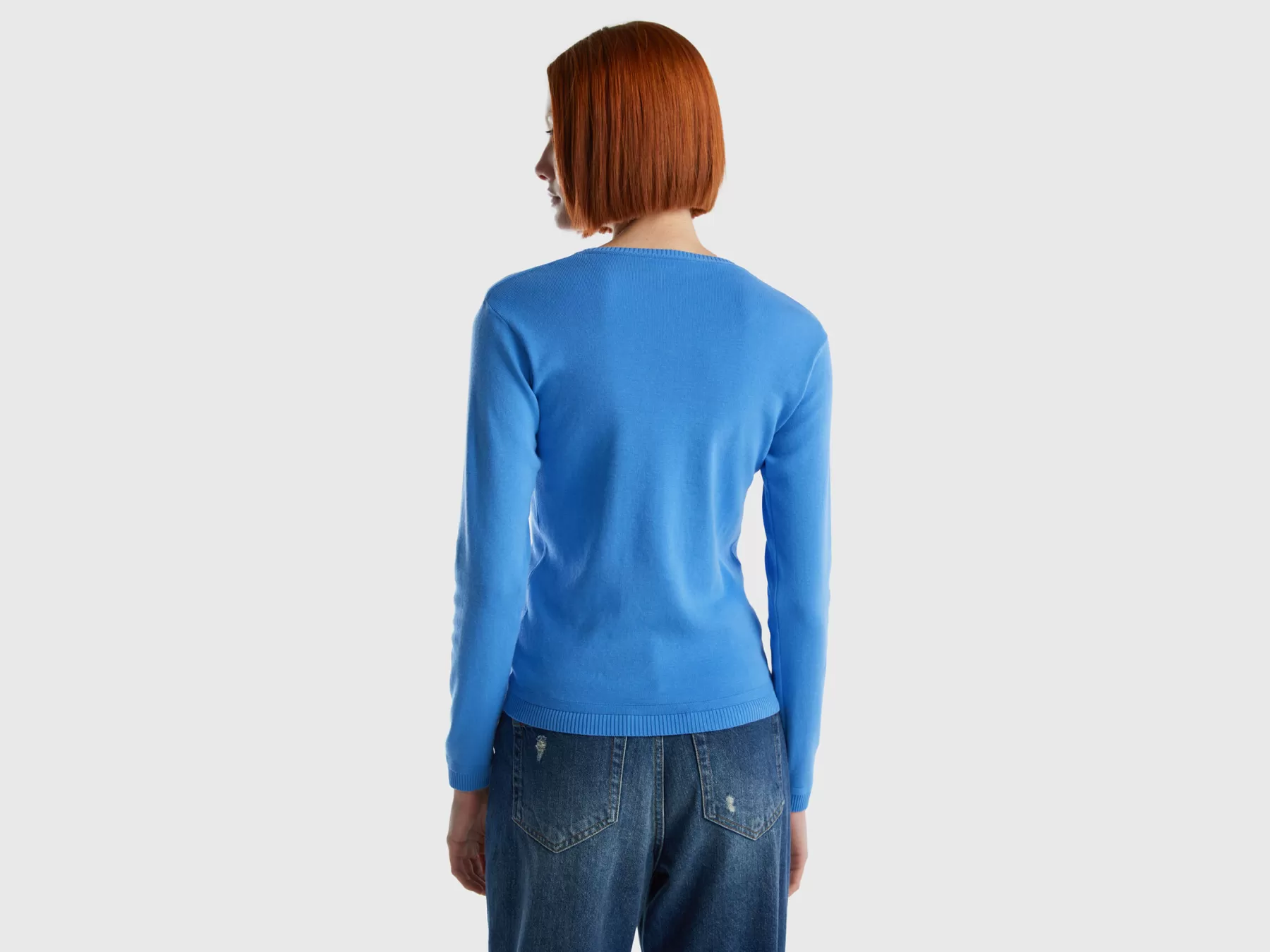 Benetton Maglia Girocollo In Puro Cotone Azzurro Sale