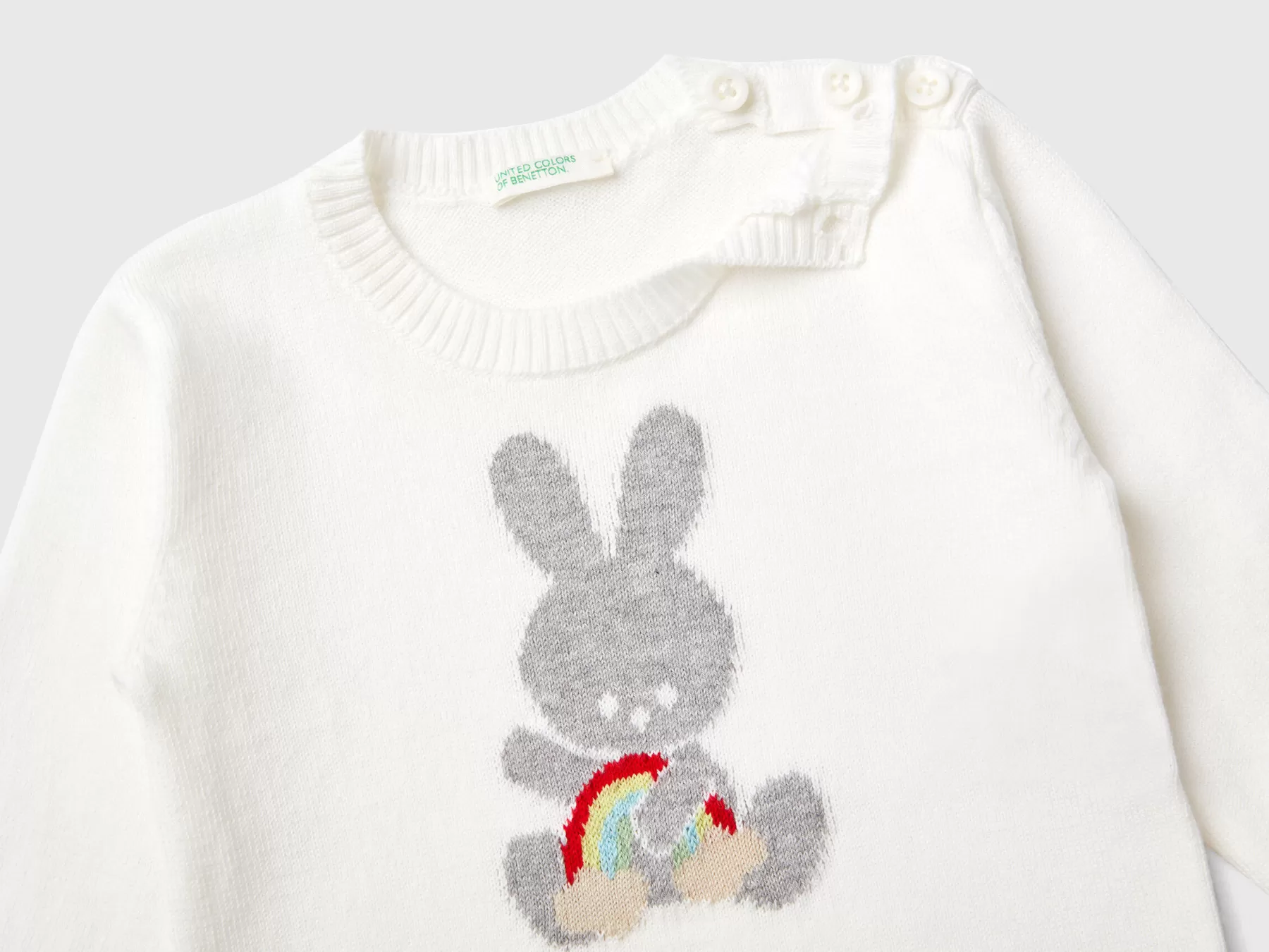 Benetton Maglia In Cotone Con Intarsio Bianco Panna Sale