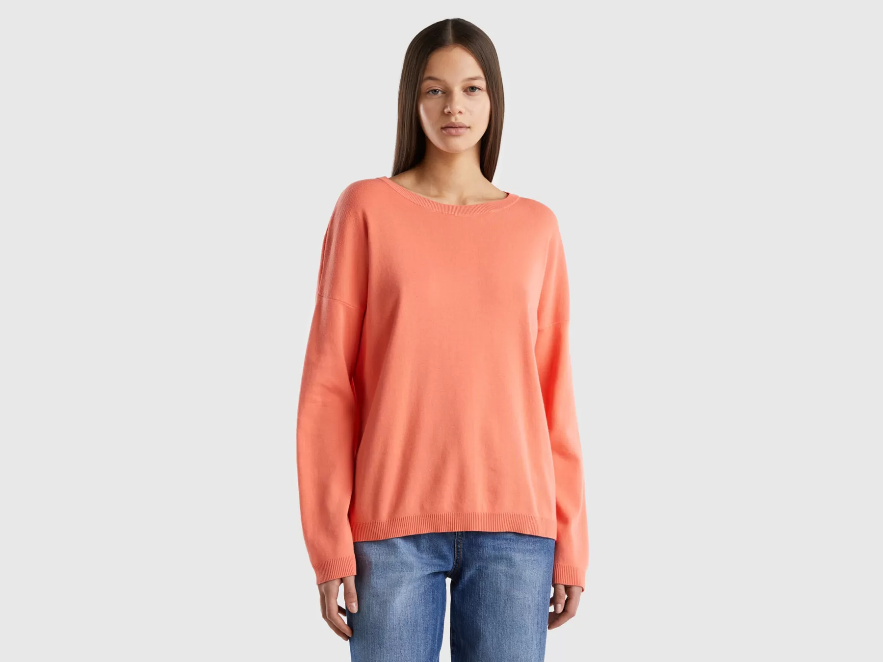 Benetton Maglia In Cotone Con Scollo Rotondo Arancione Outlet