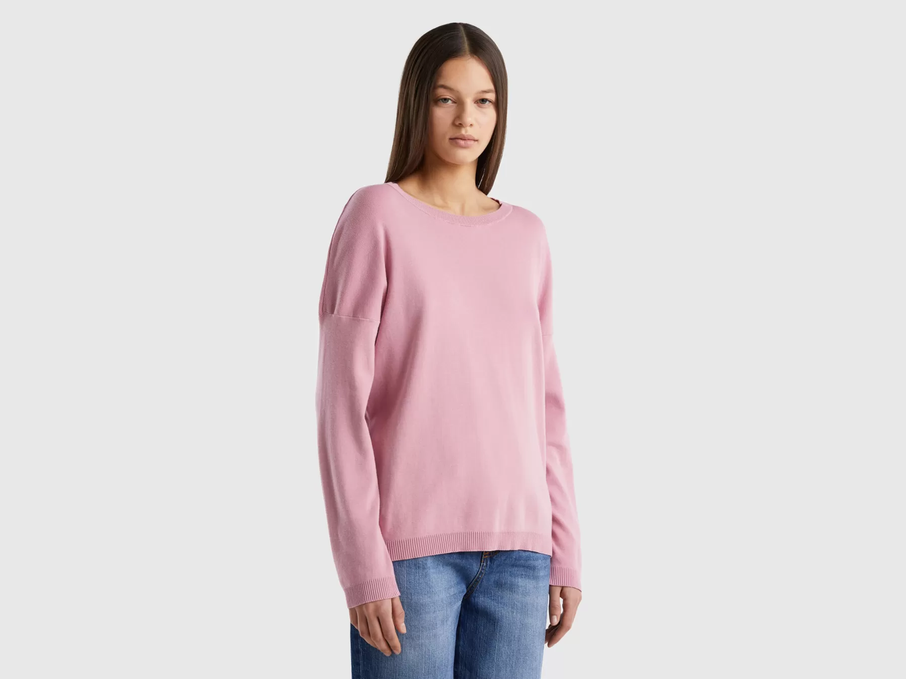 Benetton Maglia In Cotone Con Scollo Rotondo Rosa Fashion