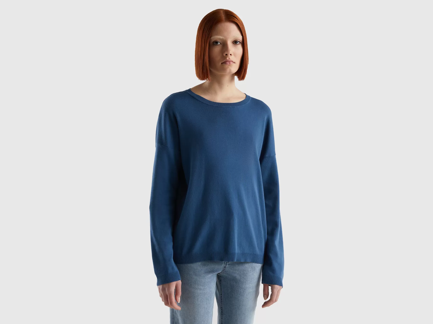 Benetton Maglia In Cotone Con Scollo Rotondo Blu Clearance