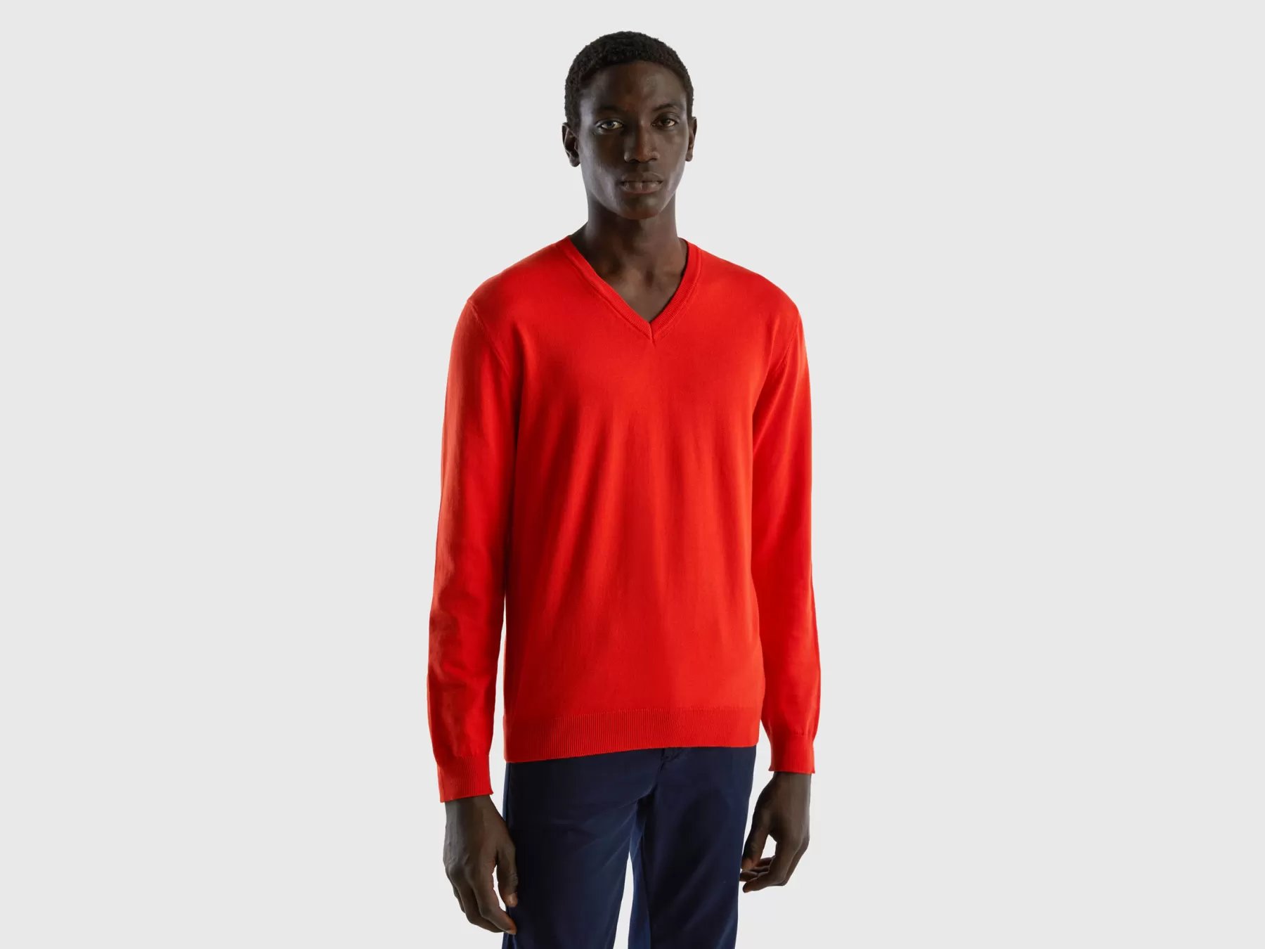 Benetton Maglia In Puro Cotone Con Scollo A V Rosso New