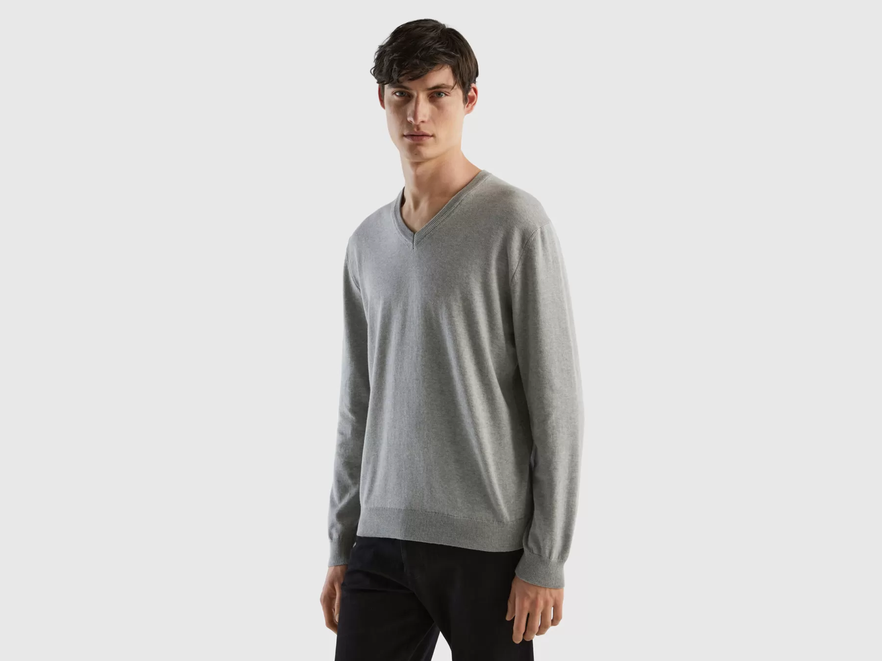 Benetton Maglia In Puro Cotone Con Scollo A V Grigio Chiaro Flash Sale