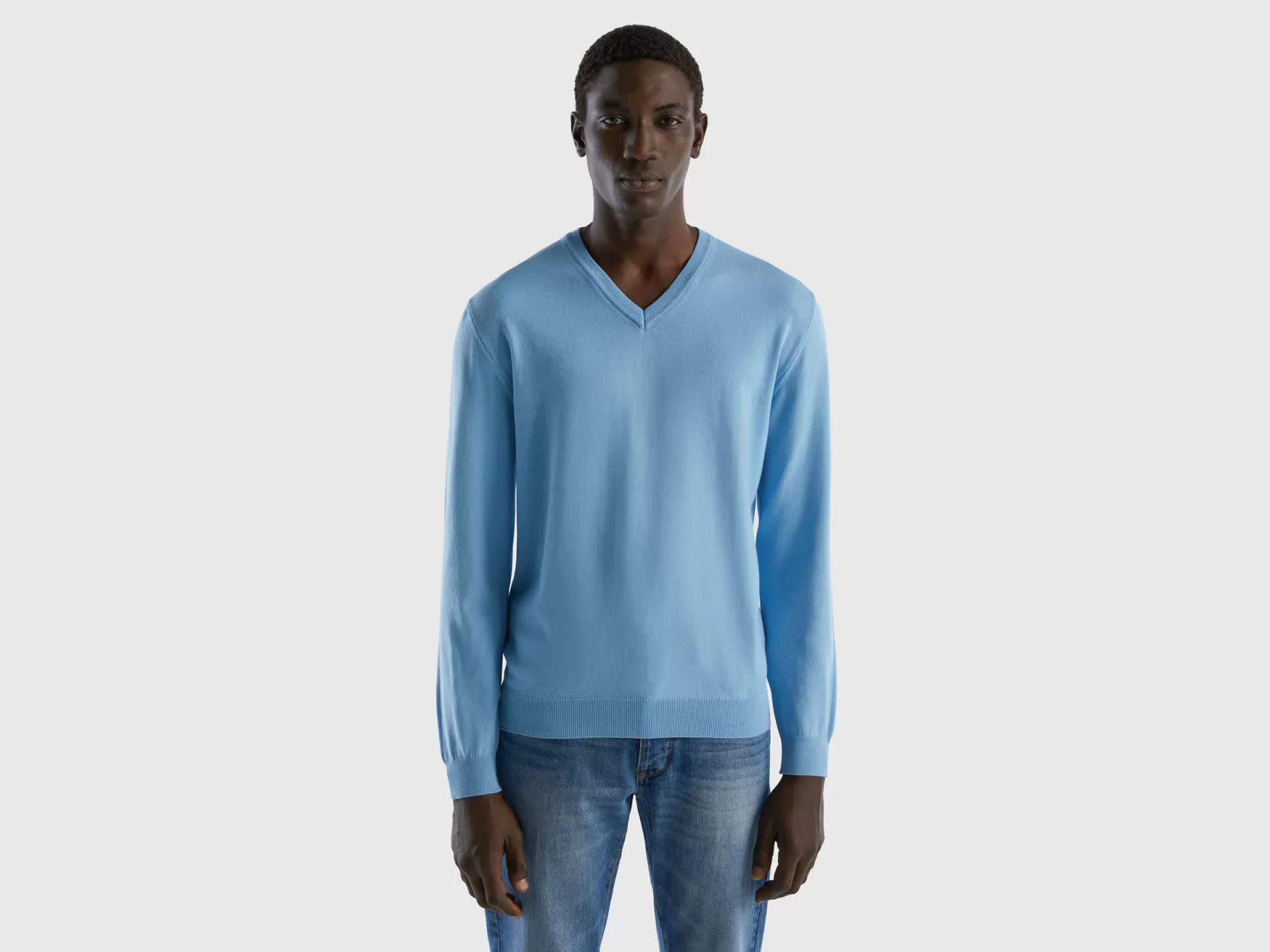 Benetton Maglia In Puro Cotone Con Scollo A V Azzurro Hot