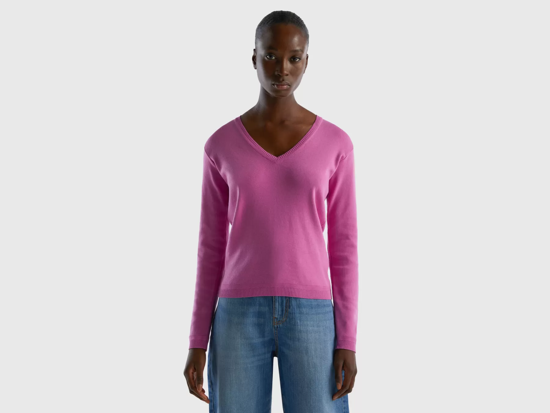 Benetton Maglia In Puro Cotone Con Scollo A V Rosa Hot