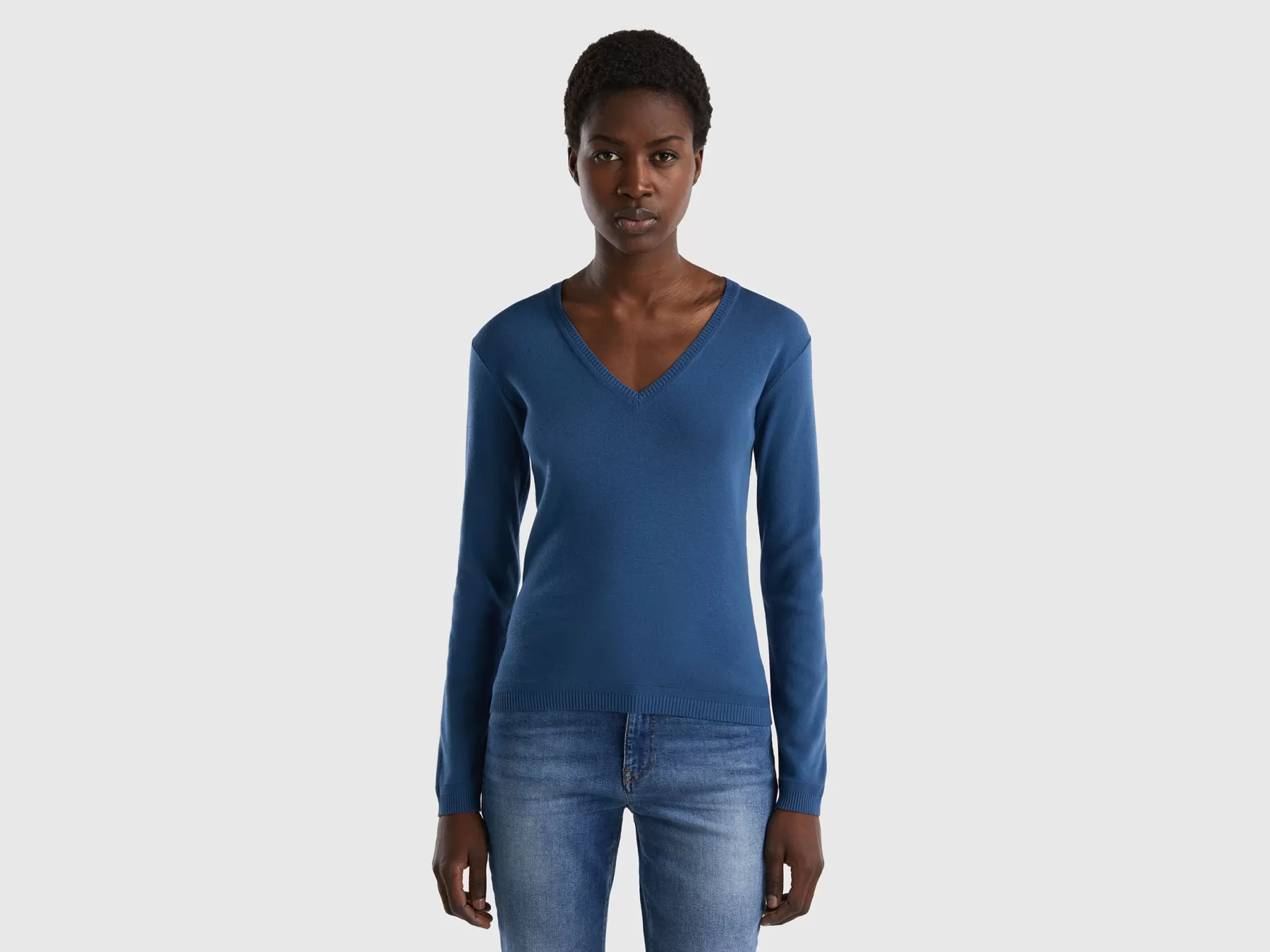 Benetton Maglia In Puro Cotone Con Scollo A V Blu Discount