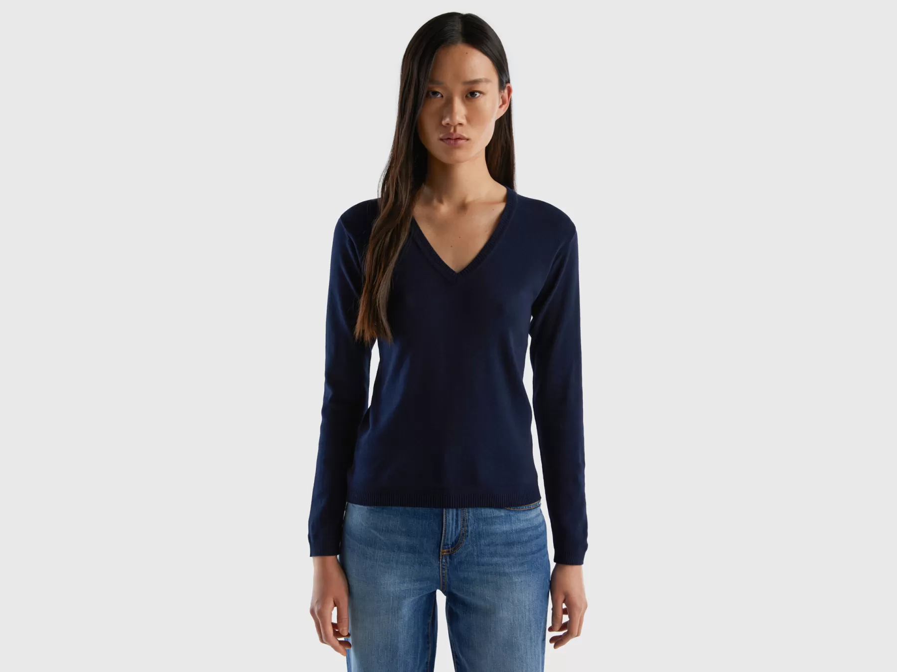 Benetton Maglia In Puro Cotone Con Scollo A V Blu Scuro Cheap