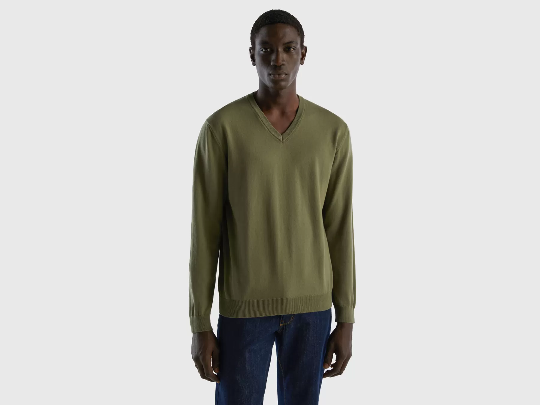 Benetton Maglia In Puro Cotone Con Scollo A V Verde Militare Sale