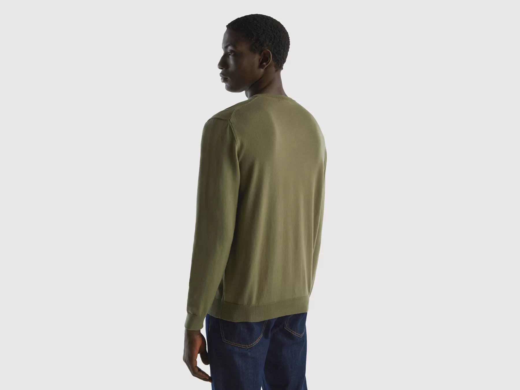 Benetton Maglia In Puro Cotone Con Scollo A V Verde Militare Sale