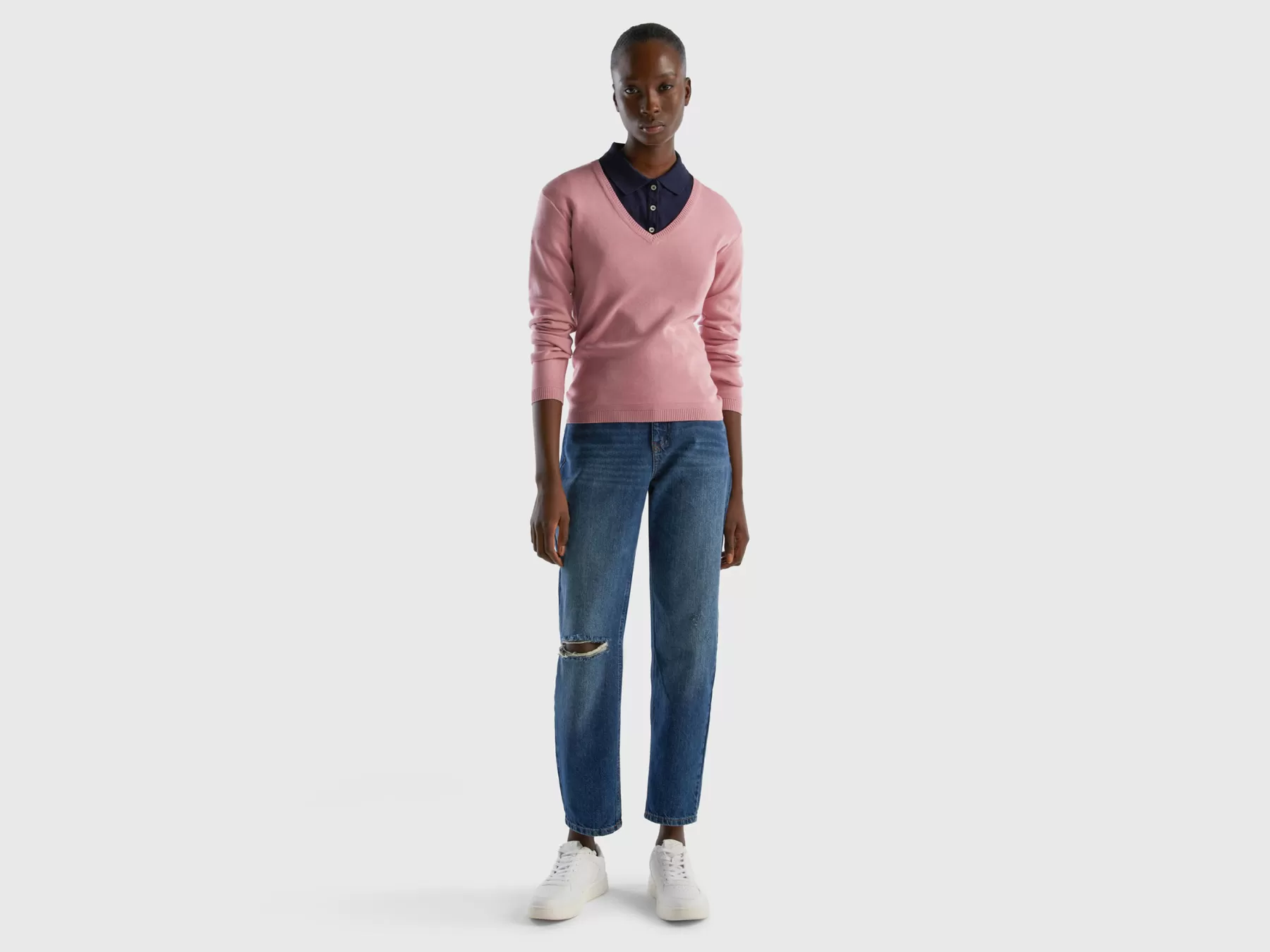 Benetton Maglia In Puro Cotone Con Scollo A V Rosa Online