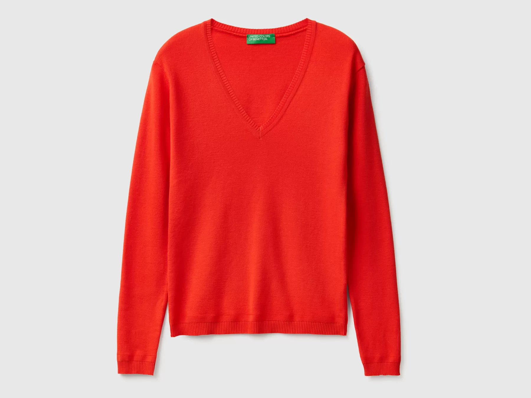 Benetton Maglia In Puro Cotone Con Scollo A V Rosso New