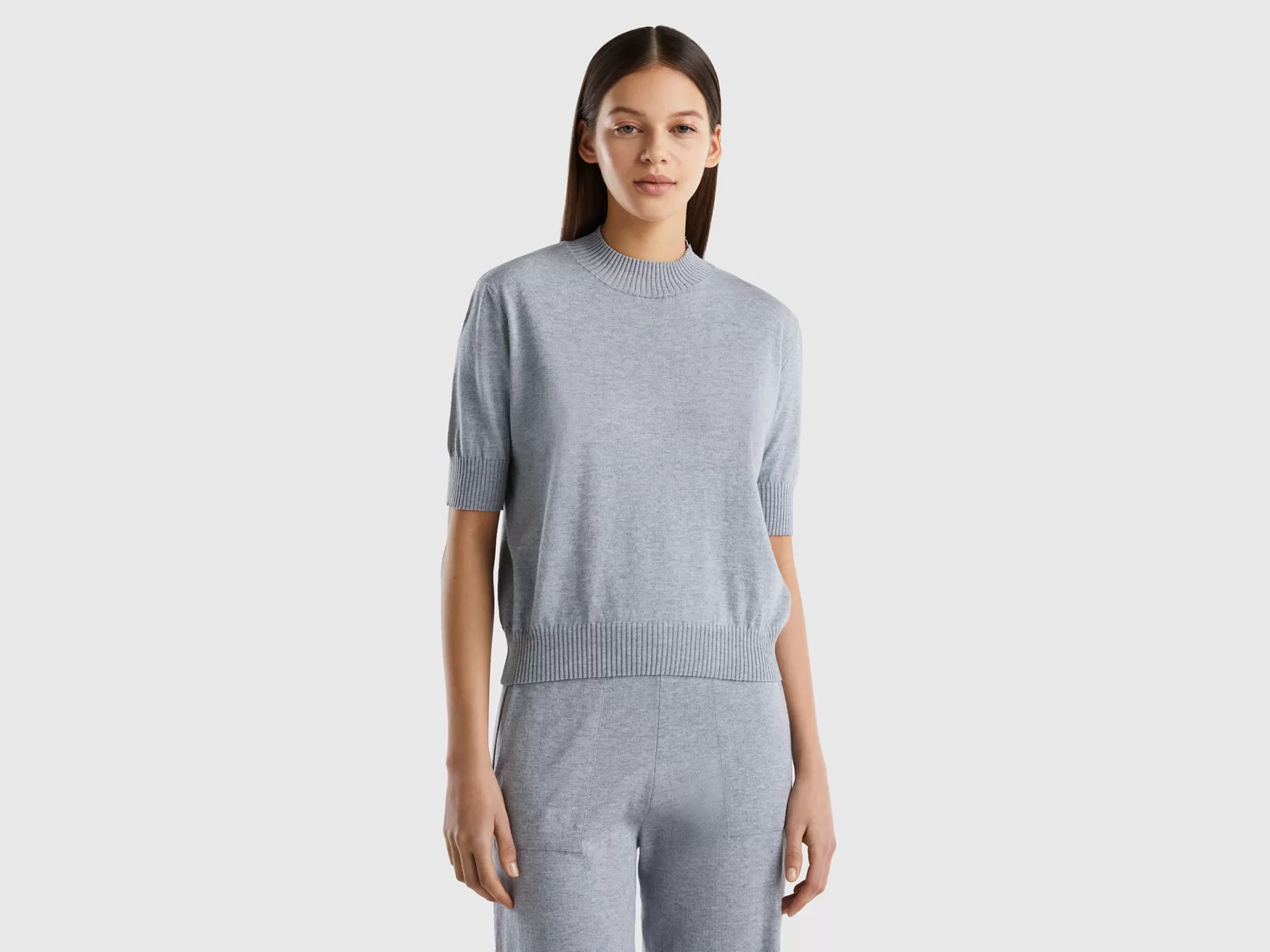 Benetton Maglia Manica Corta In Misto Cashmere Grigio Chiaro Discount