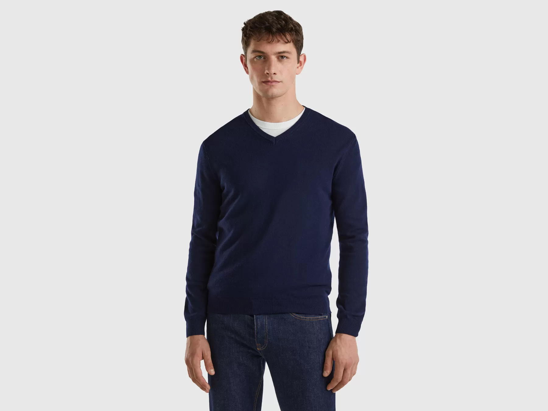 Benetton Maglia Scollo A Vin Pura Lana Merino Blu Scuro Shop