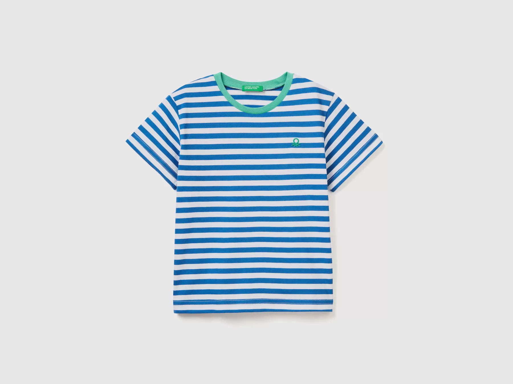 Benetton Maglietta A Righe In Cotone Bluette New