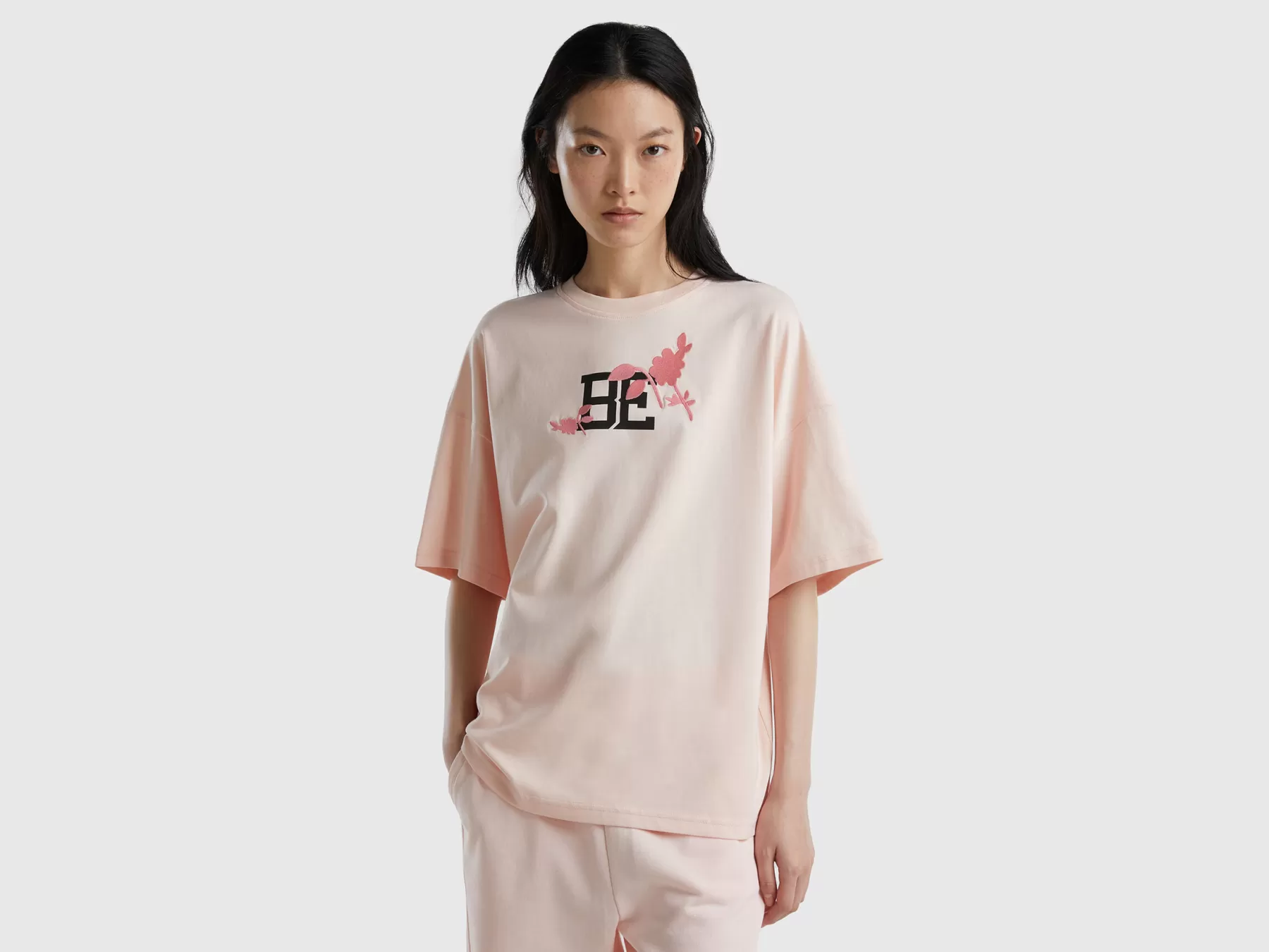 Benetton Maglietta "Be" Con Stampa E Ricamo Rosa Online