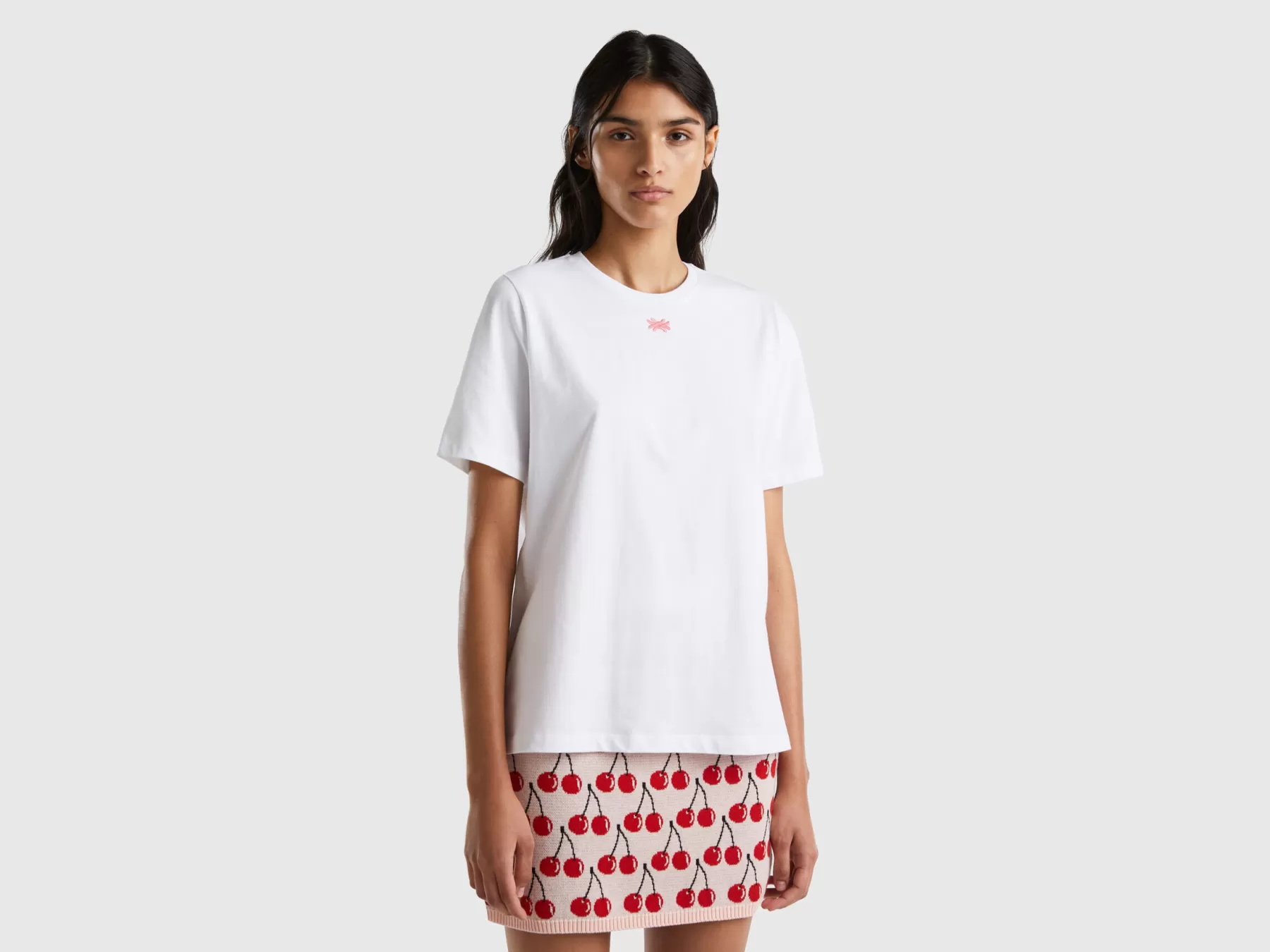 Benetton Maglietta Bianca Con Ricamo Logo Bianco Online