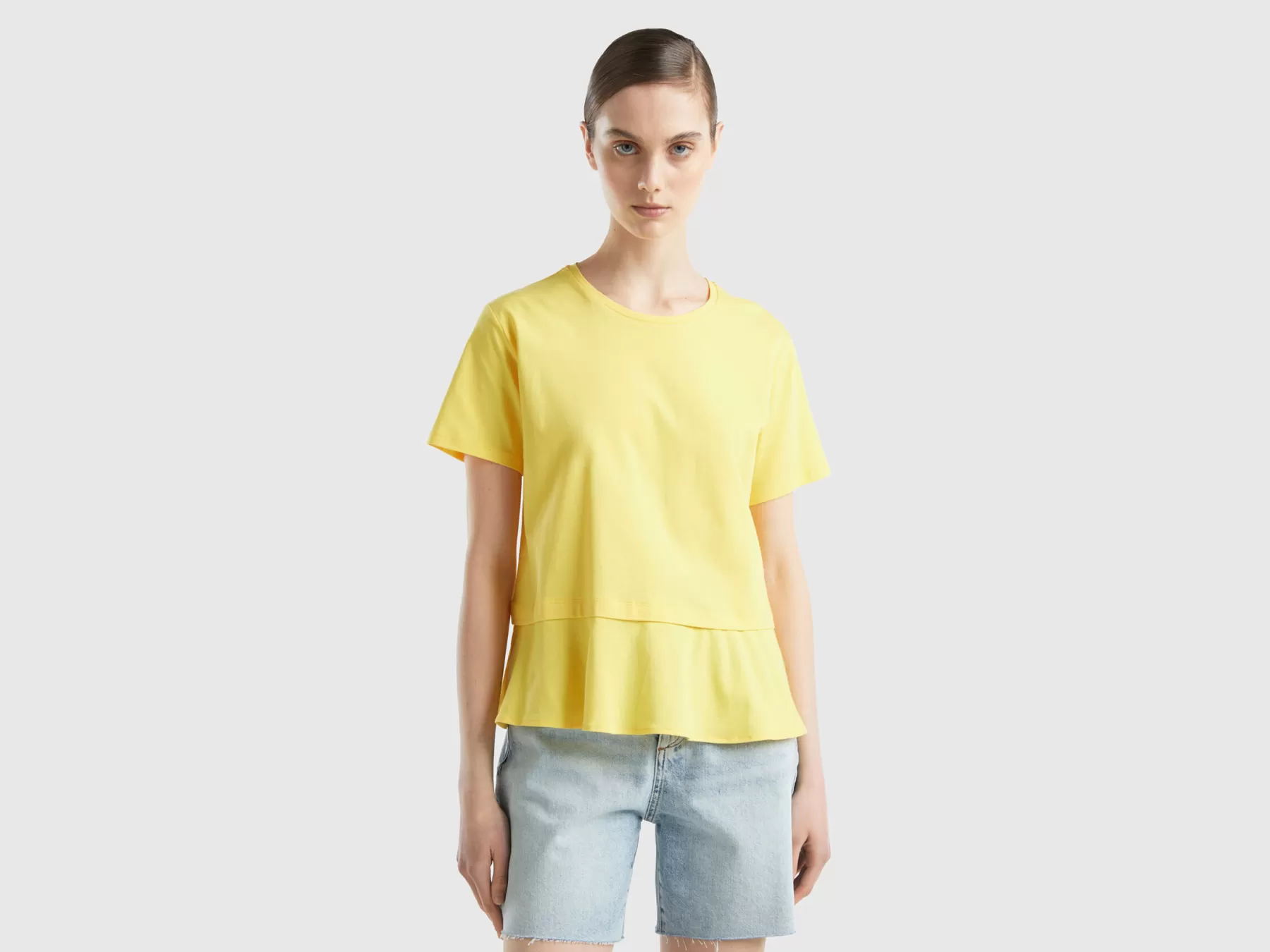 Benetton Maglietta Boxy Fit Con Balza Giallo New