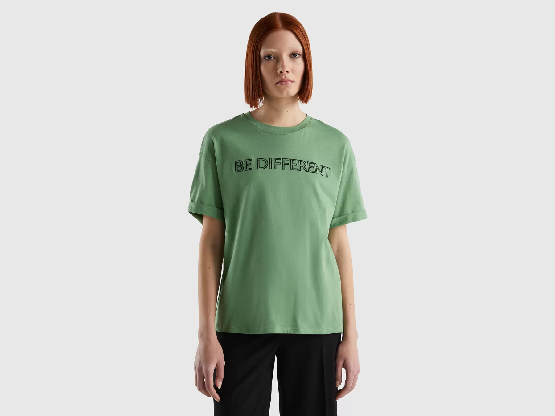 Benetton Maglietta Con Slogan 100% Cotone Verde Store