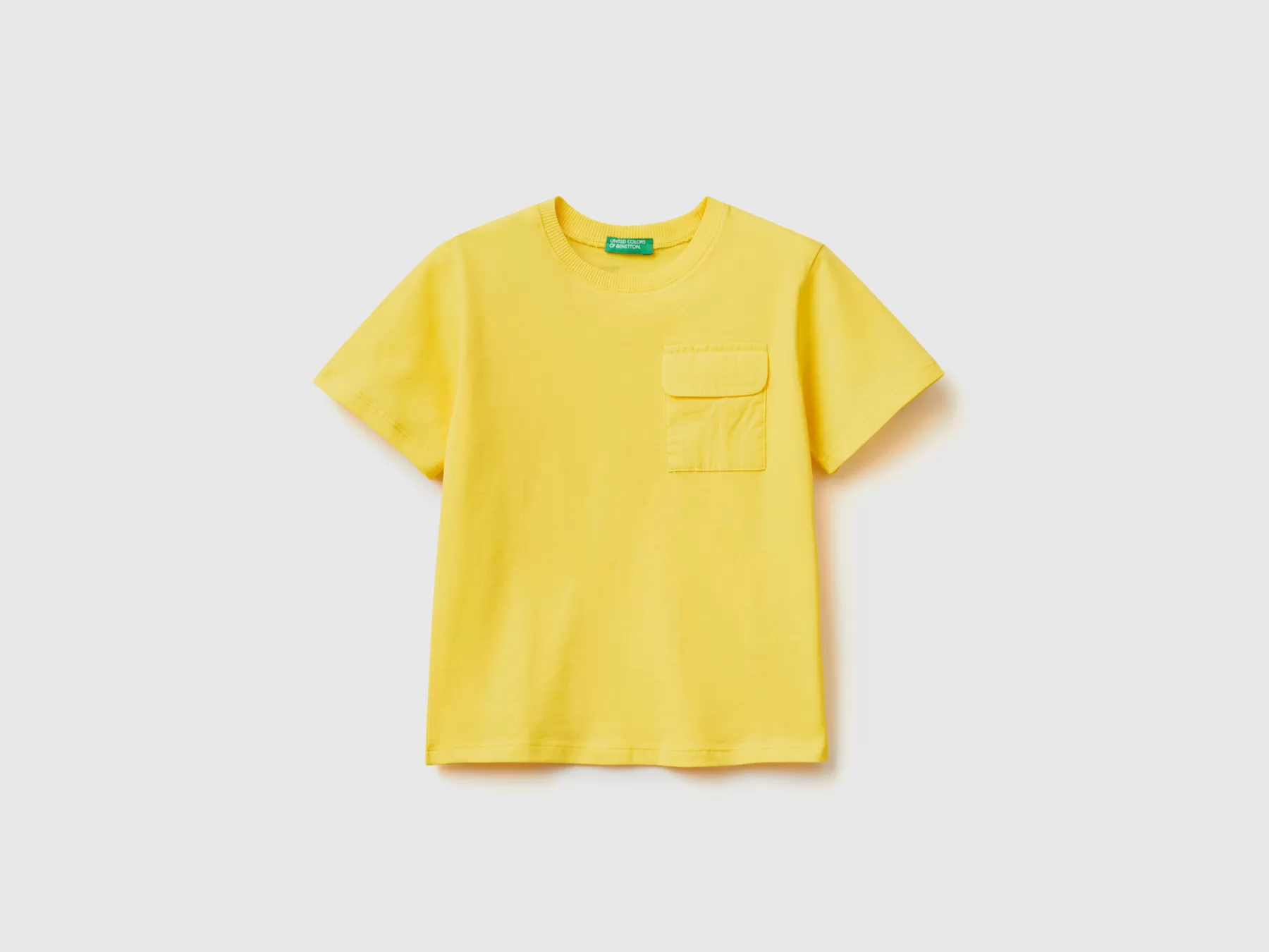 Benetton Maglietta Con Taschino 100% Cotone Giallo Discount