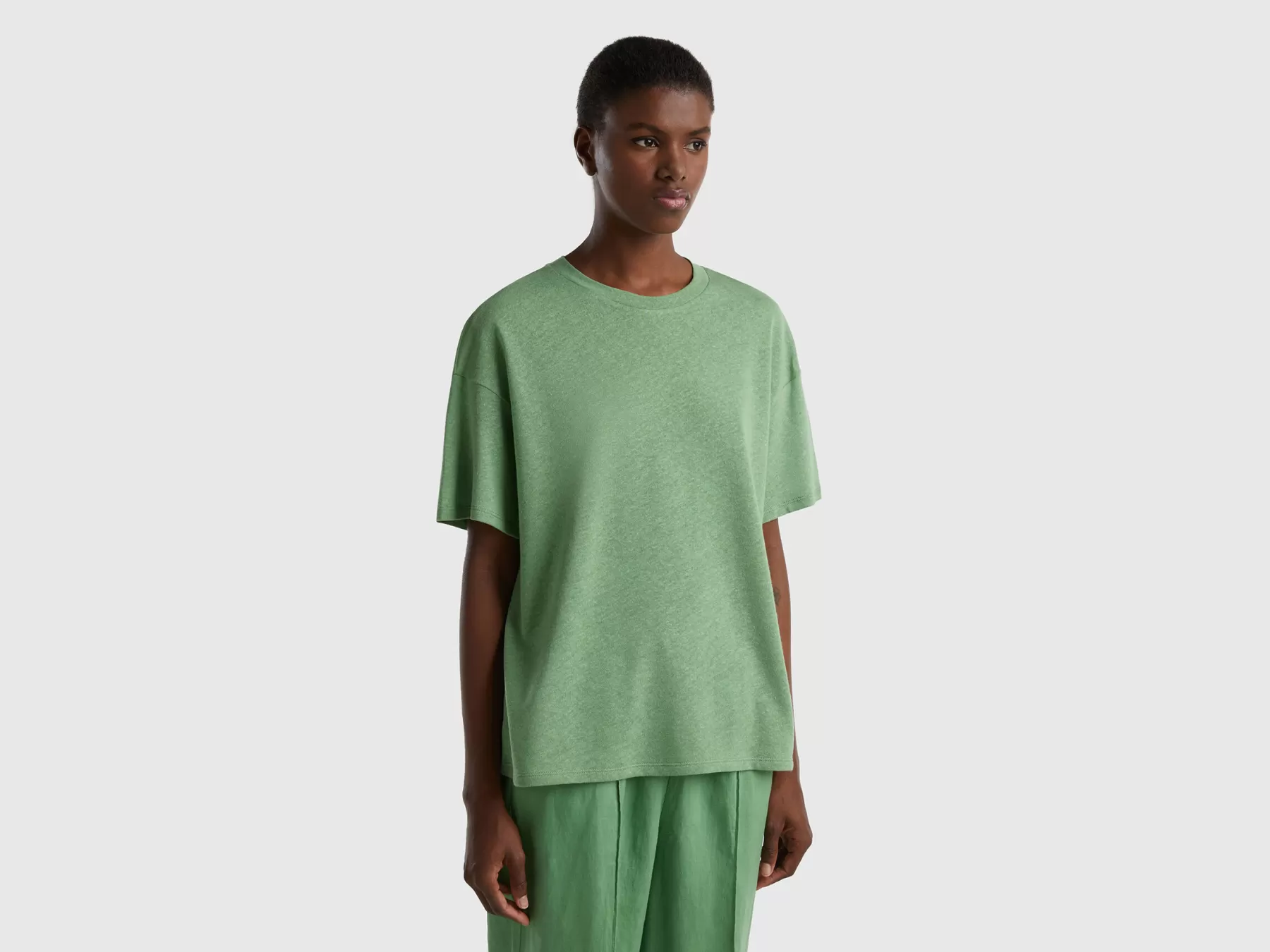 Benetton Maglietta Leggera In Misto Lino Verde Best