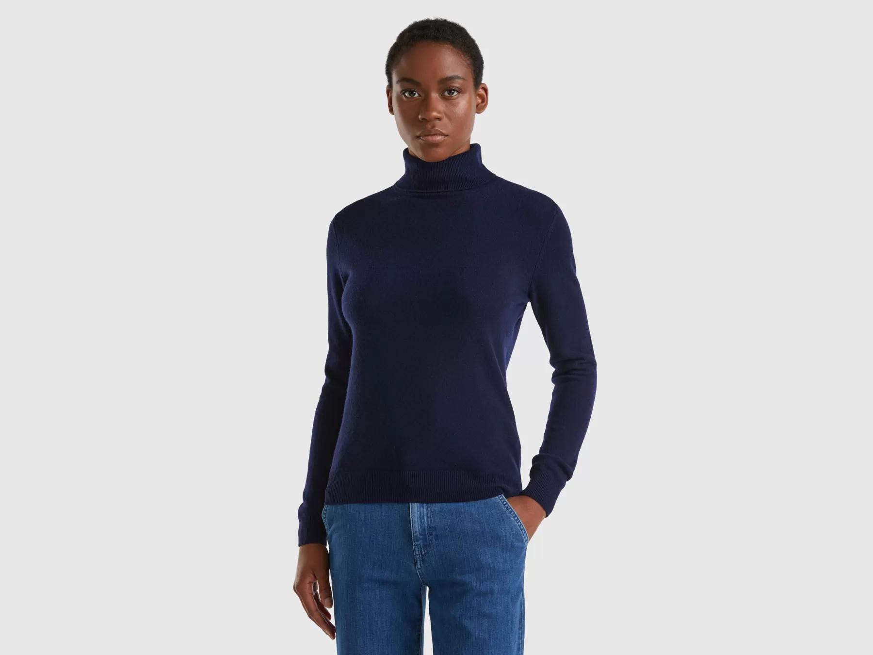 Benetton Maglione Dolcevitain Pura Lana Merino Blu Scuro Best Sale