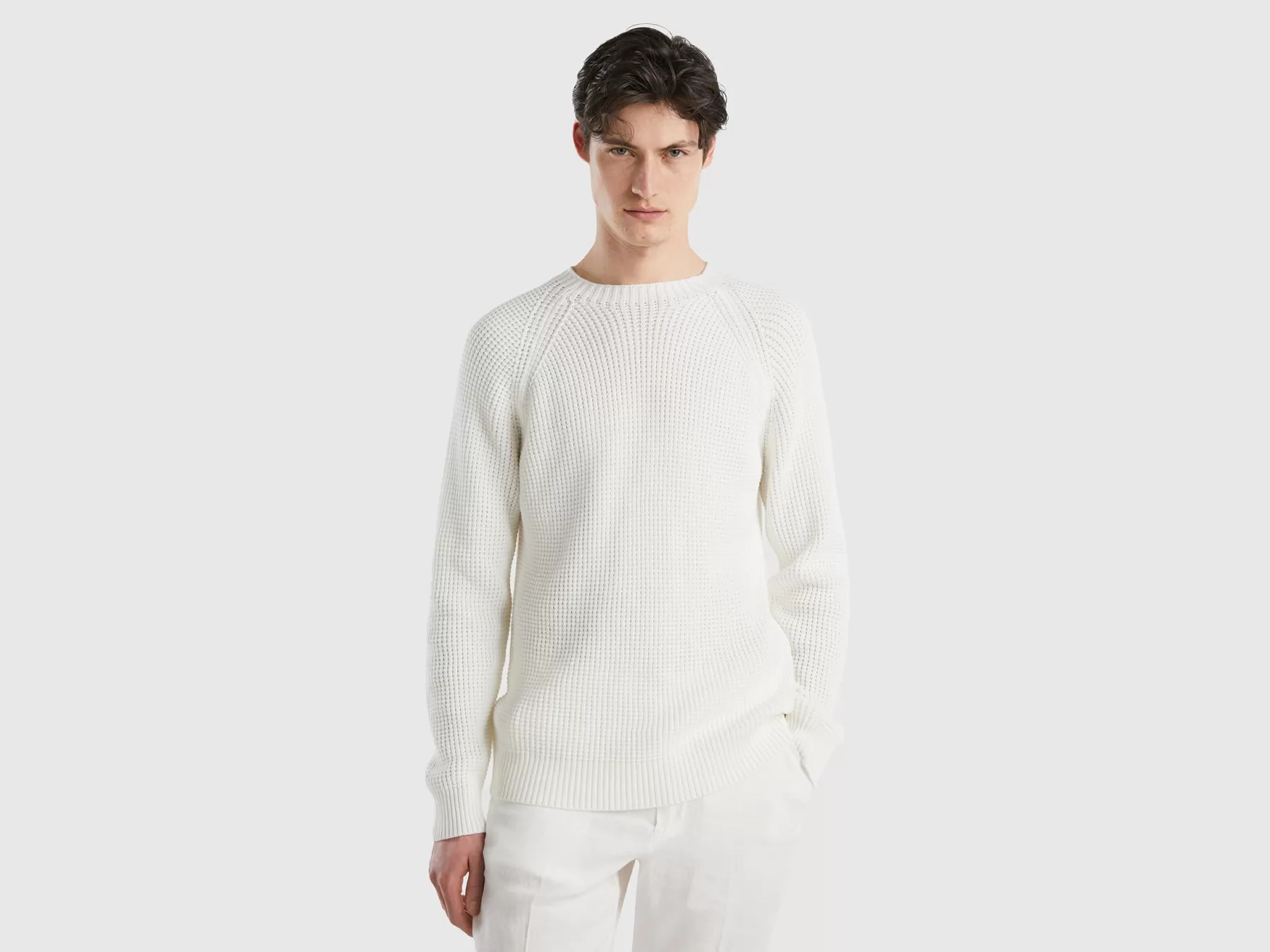 Benetton Maglione Girocollo 100% Cotone Bianco Panna Fashion