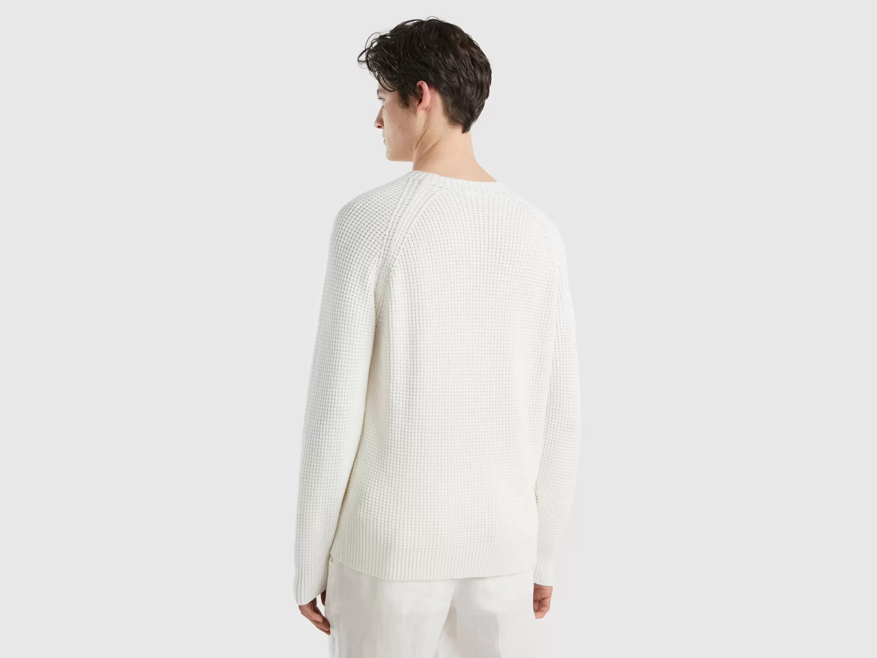 Benetton Maglione Girocollo 100% Cotone Bianco Panna Fashion