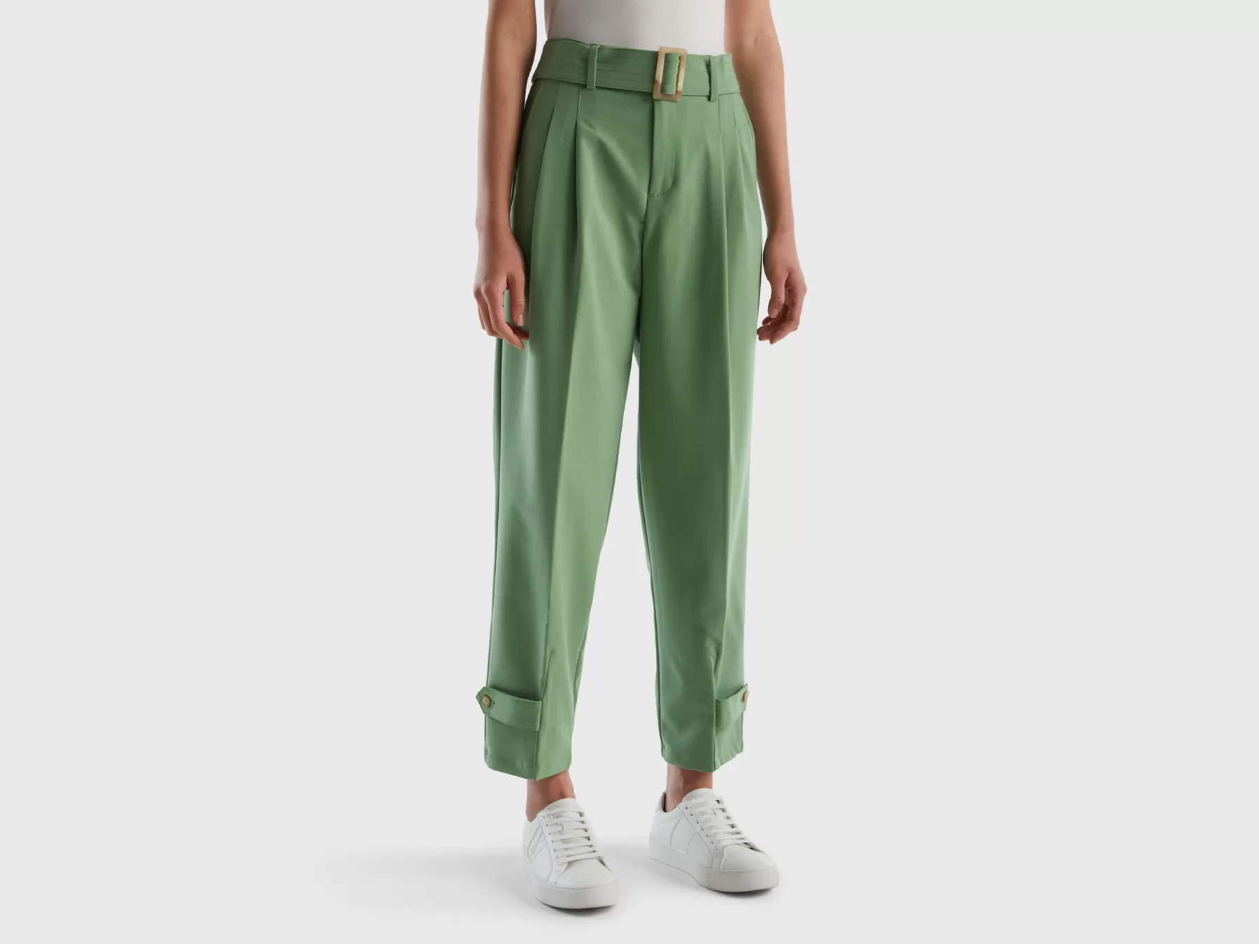 Benetton Pantaloni A Vita Alta Con Cintura Verde Discount