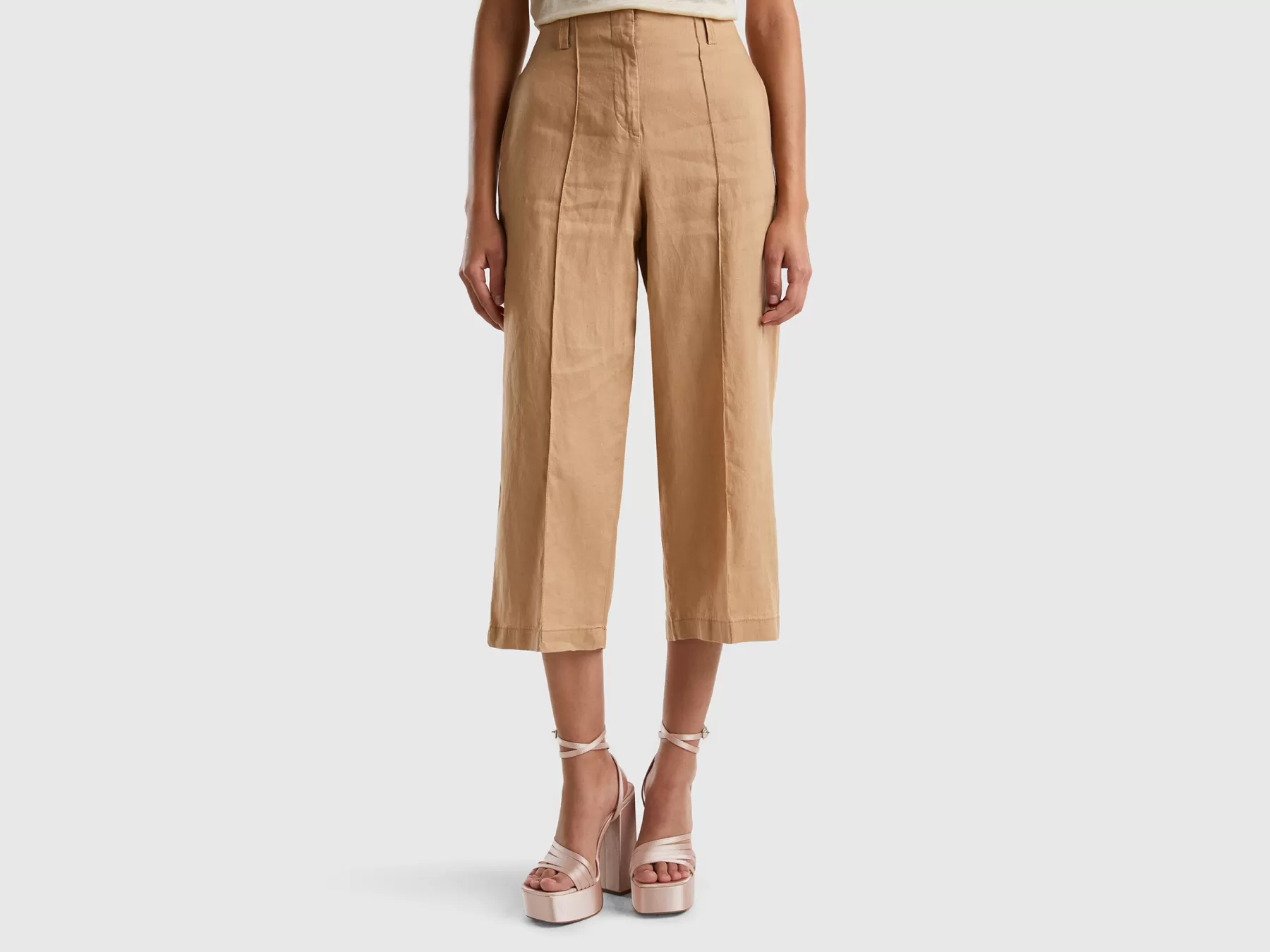 Benetton Pantaloni Ampi In Puro Lino Cammello Shop