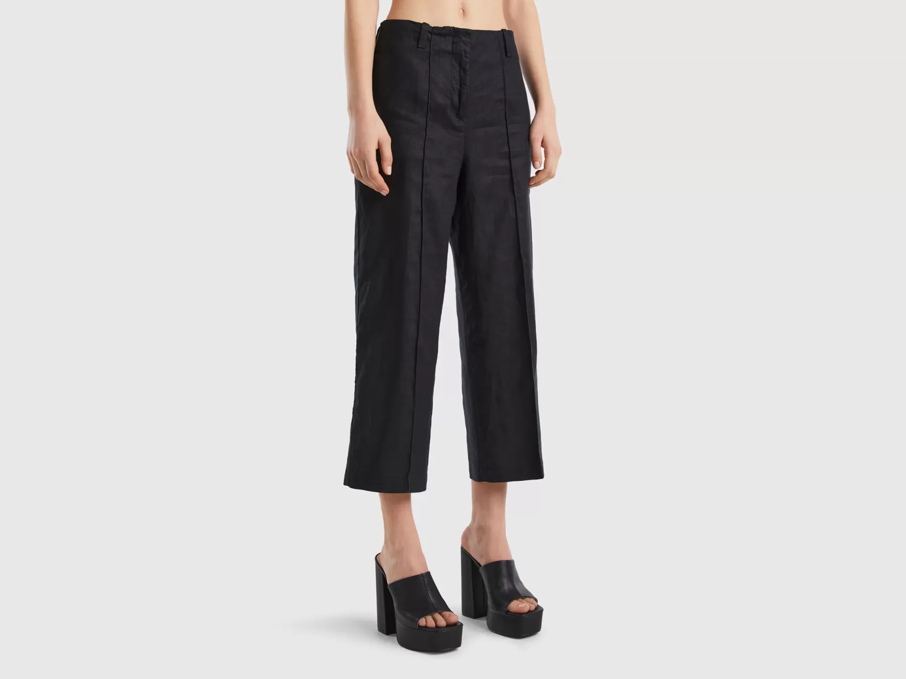 Benetton Pantaloni Ampi In Puro Lino Nero Outlet