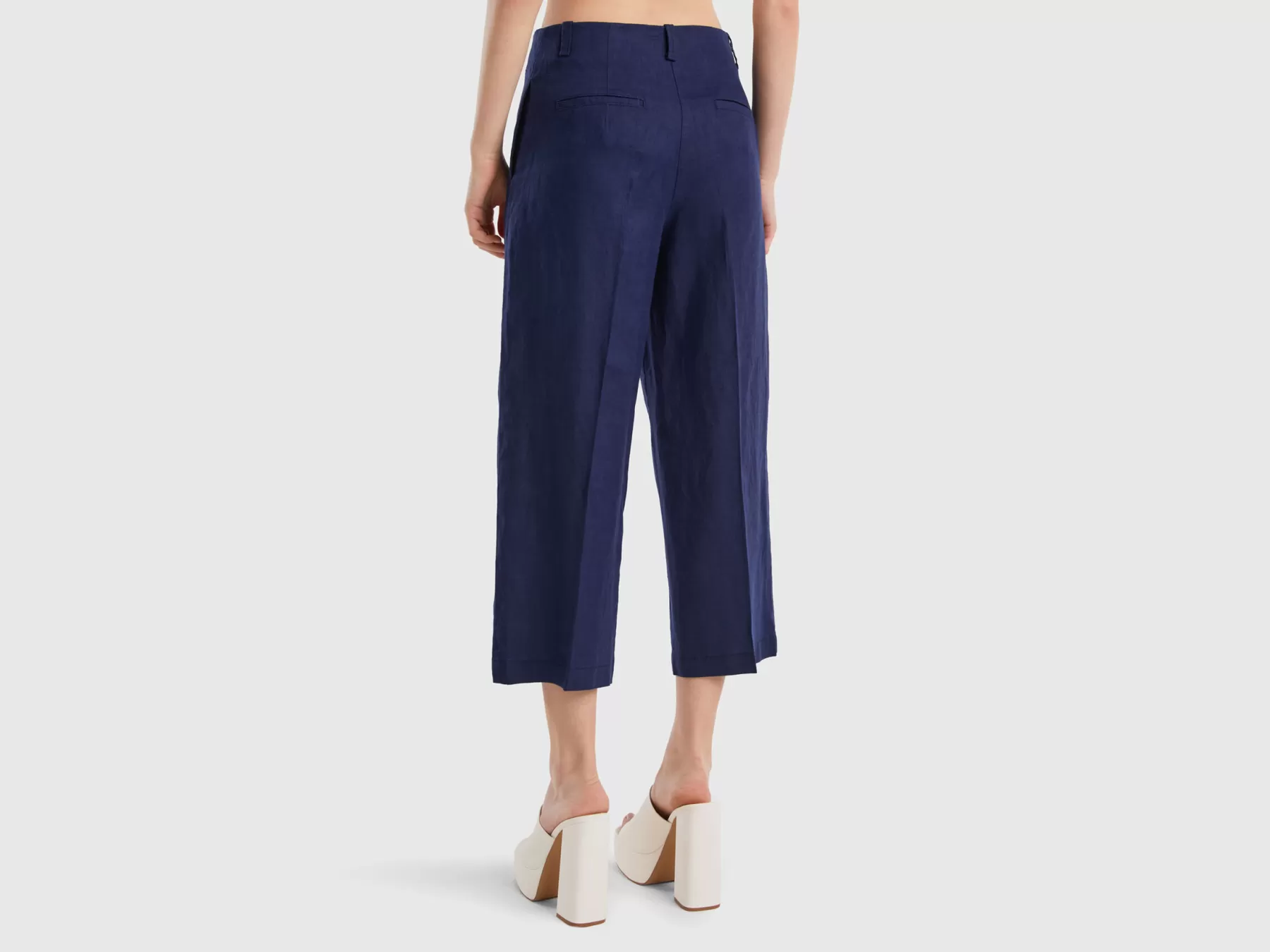 Benetton Pantaloni Ampi In Puro Lino Blu Scuro Fashion