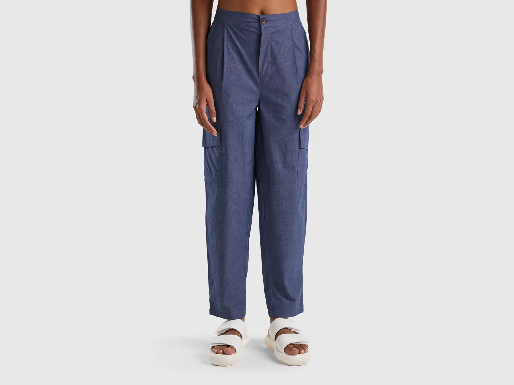 Benetton Pantaloni Cargo In Chambray Blu Scuro Best Sale