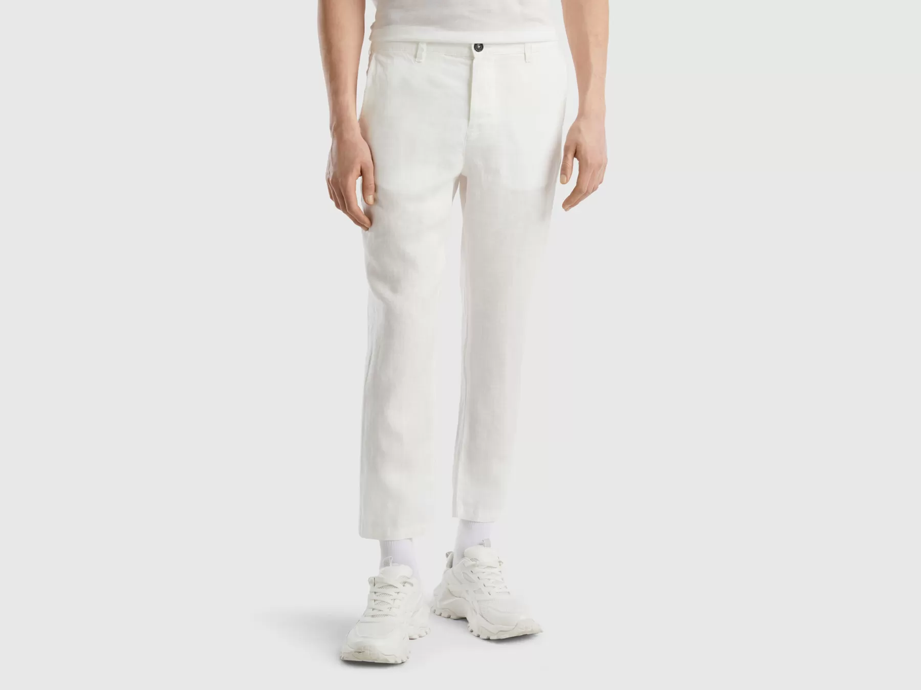 Benetton Pantaloni Chino In Puro Lino Bianco Panna Hot