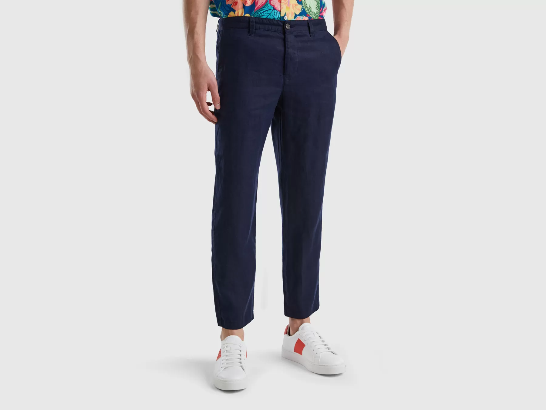 Benetton Pantaloni Chino In Puro Lino Blu Scuro Sale