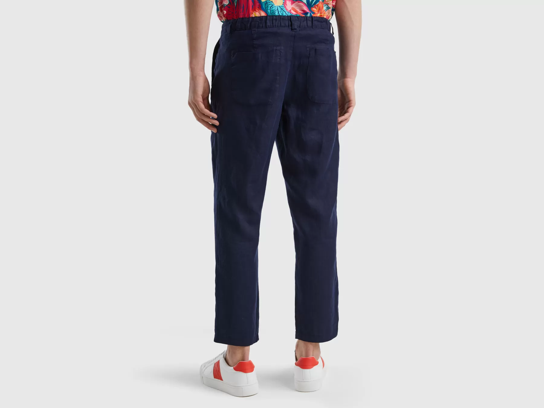 Benetton Pantaloni Chino In Puro Lino Blu Scuro Sale