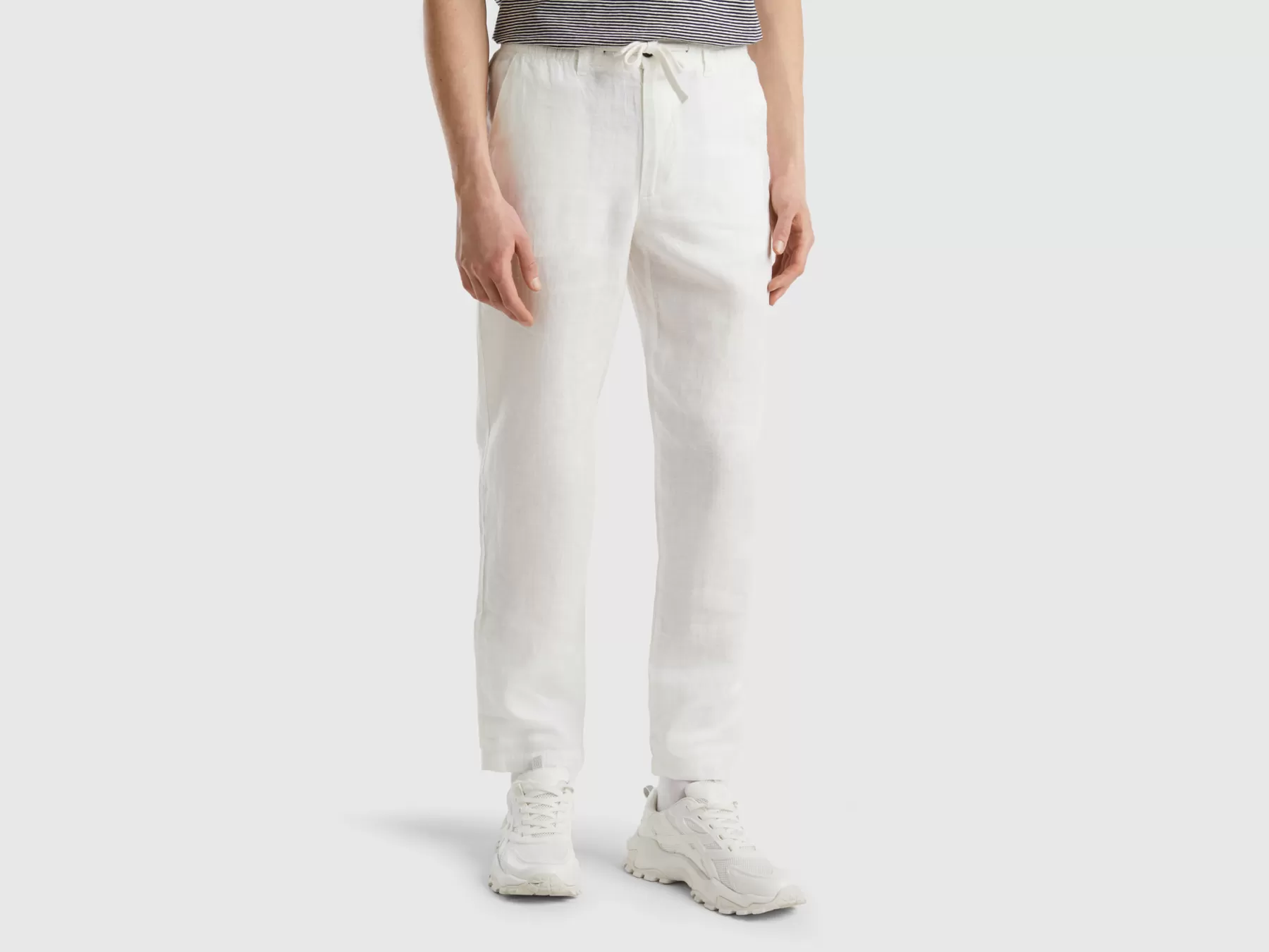 Benetton Pantaloni Con Coulisse In Puro Lino Bianco Panna Sale