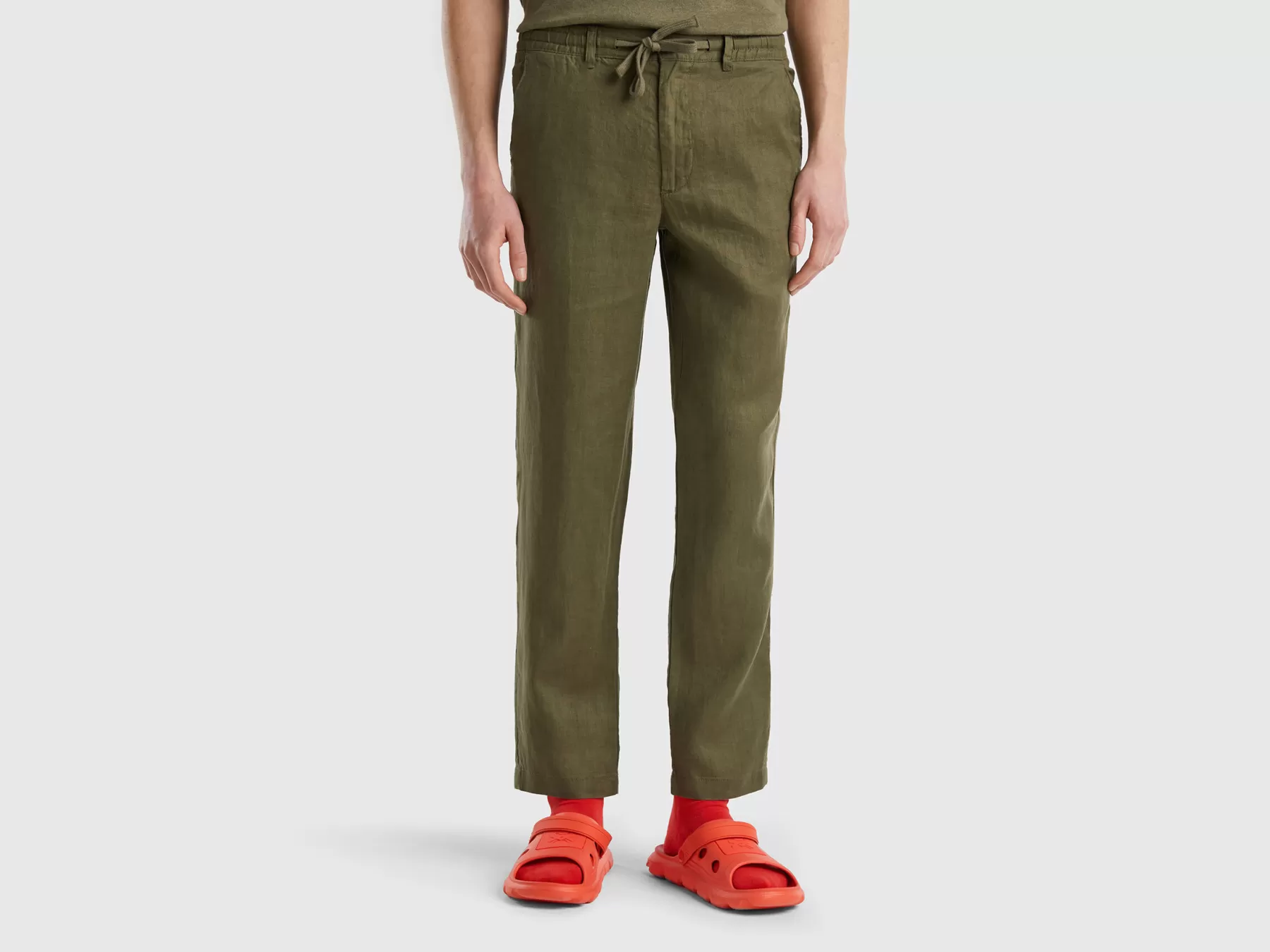 Benetton Pantaloni Con Coulisse In Puro Lino Verde Militare Cheap