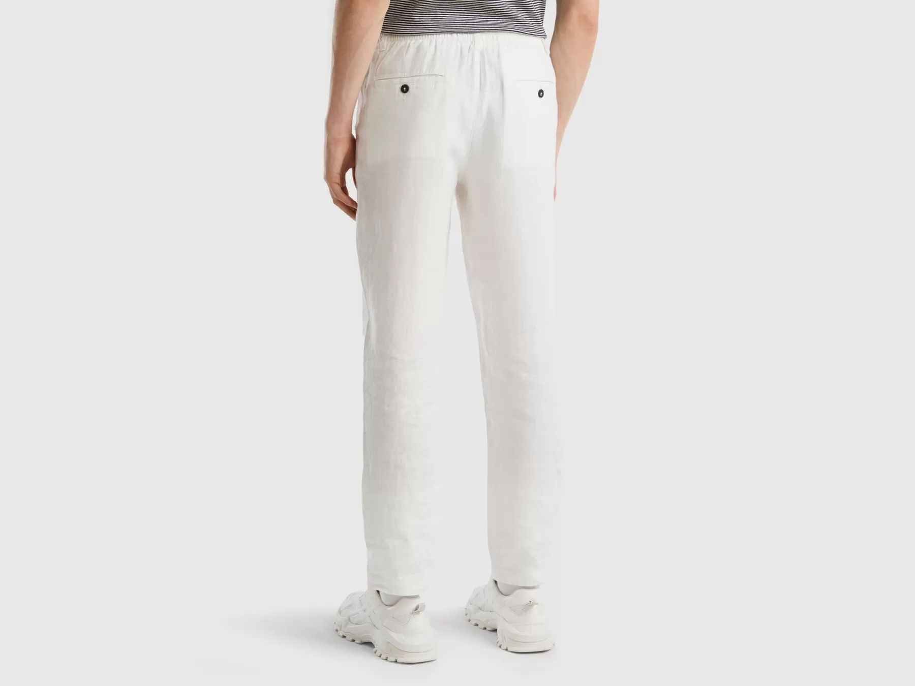 Benetton Pantaloni Con Coulisse In Puro Lino Bianco Panna Sale